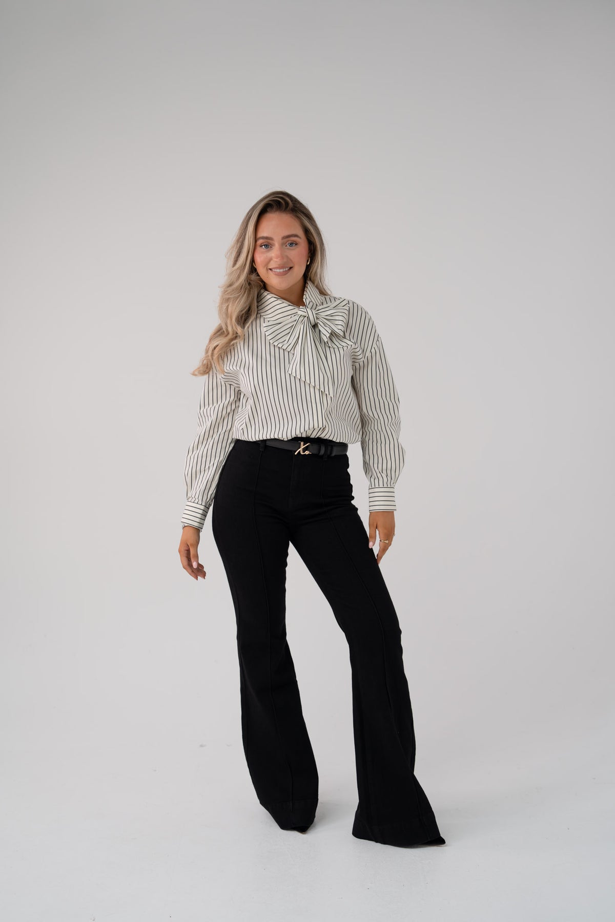 Love Laura Pinstripe Bow Blouse In White