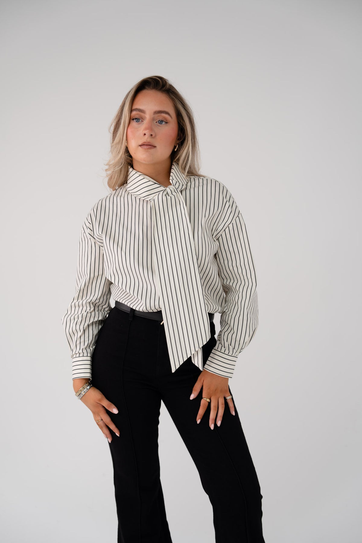 Love Laura Pinstripe Bow Blouse In White