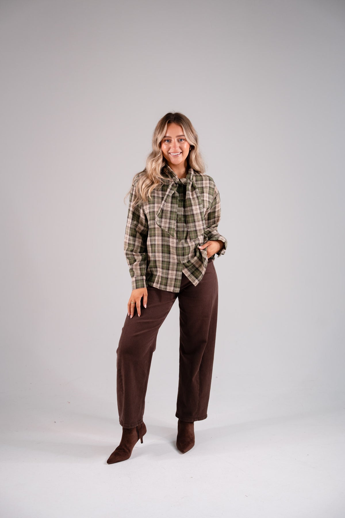 Megan Tie Neck Shirt In Green Check