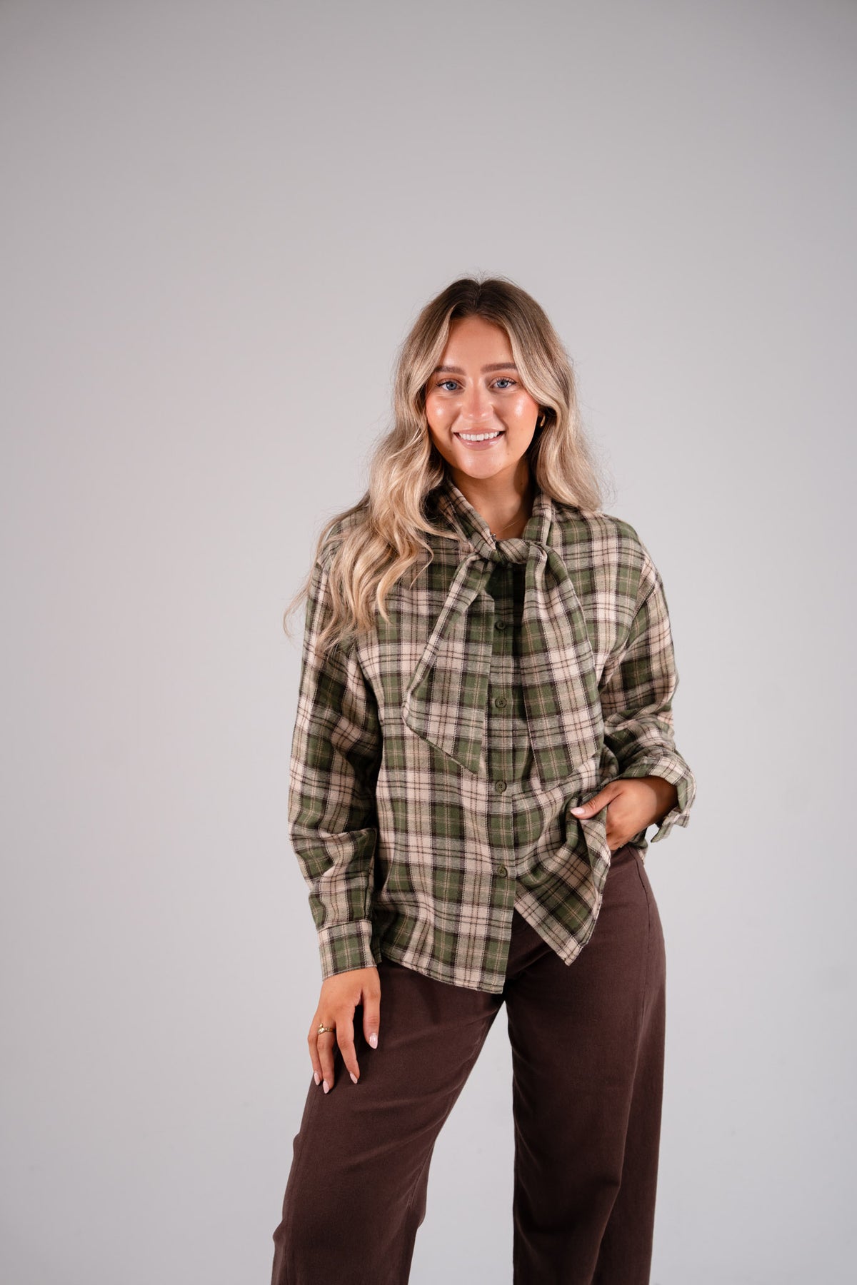 Megan Tie Neck Shirt In Green Check