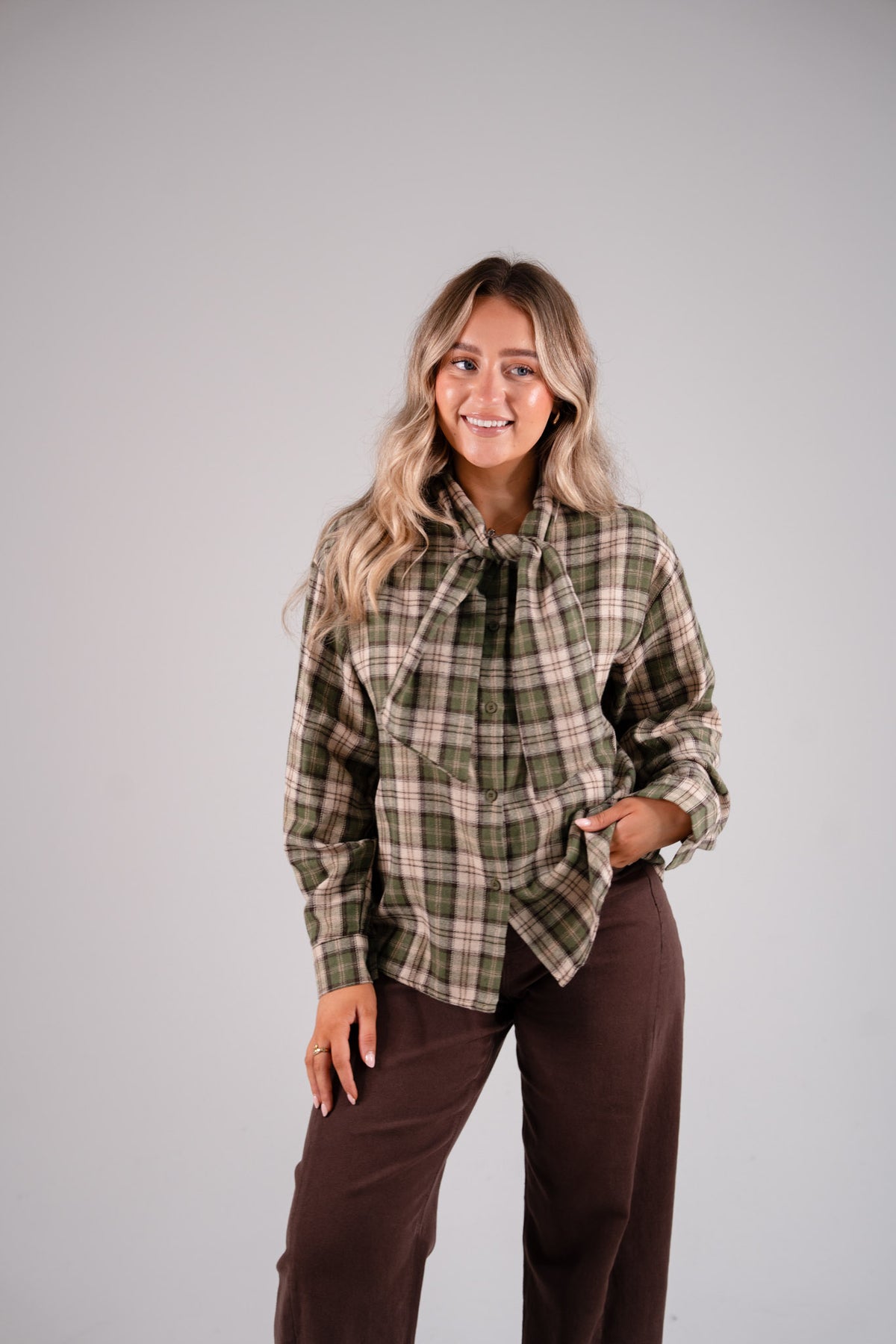 Megan Tie Neck Shirt In Green Check