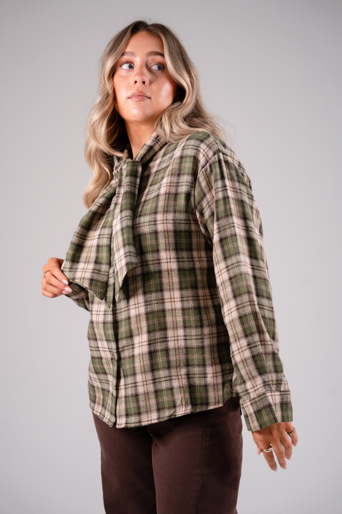 Megan Tie Neck Shirt In Green Check