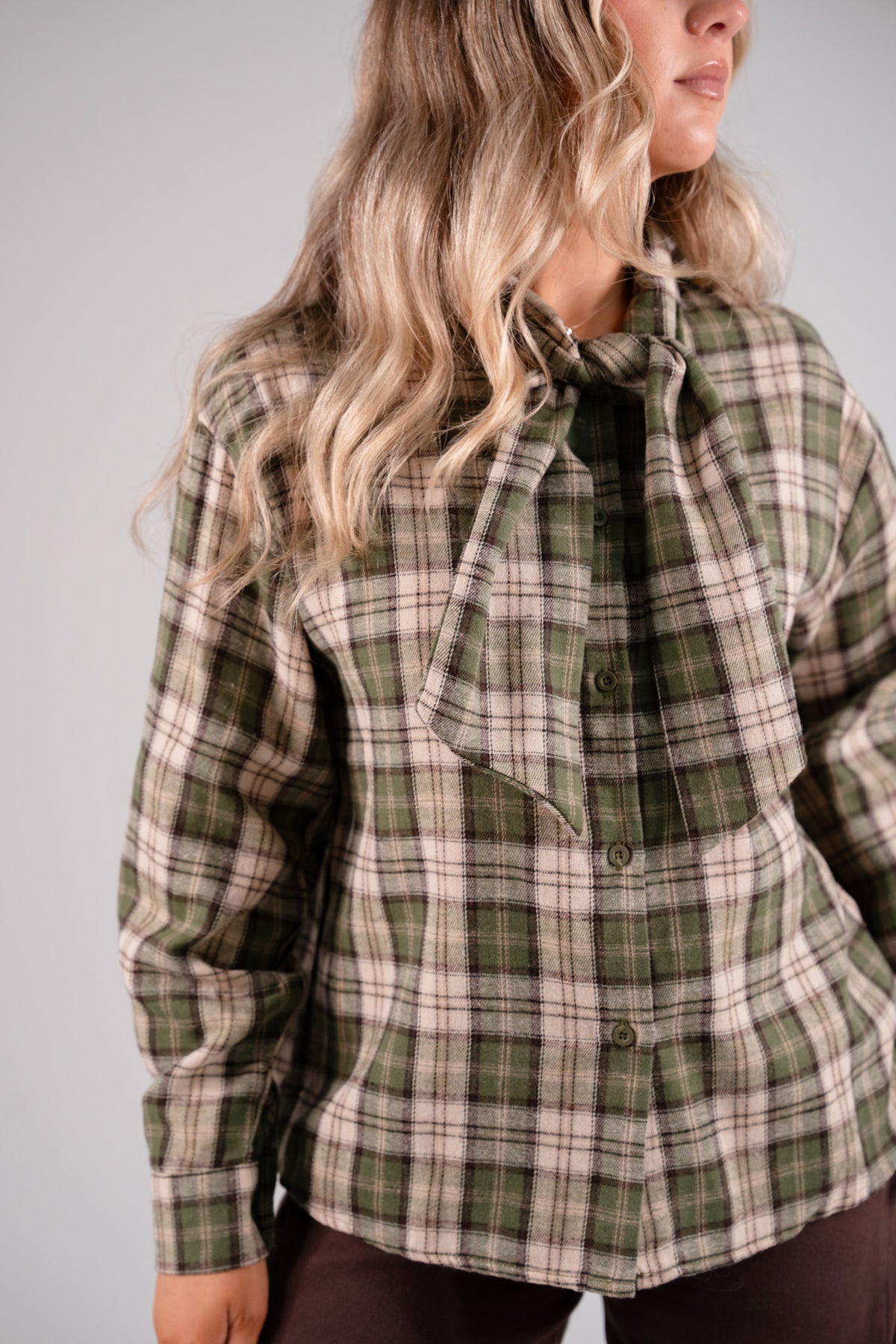 Megan Tie Neck Shirt In Green Check