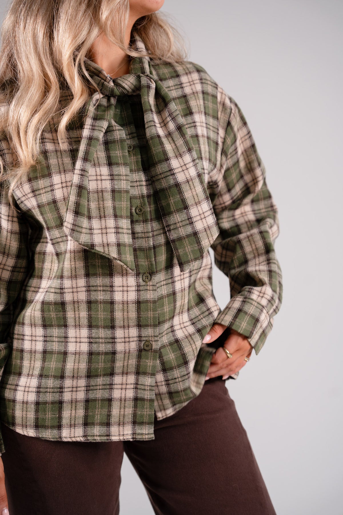 Megan Tie Neck Shirt In Green Check