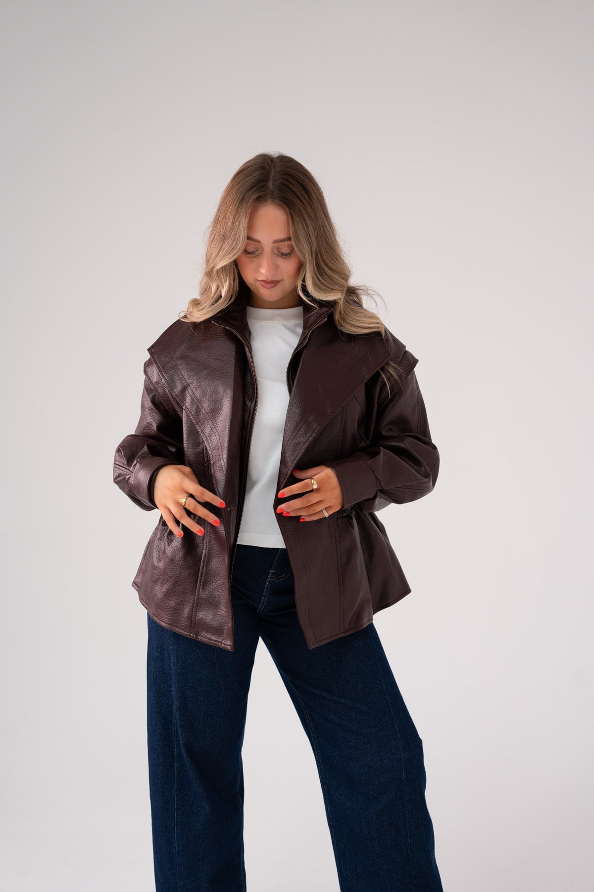 Cora Faux Leather Jacket In Prune