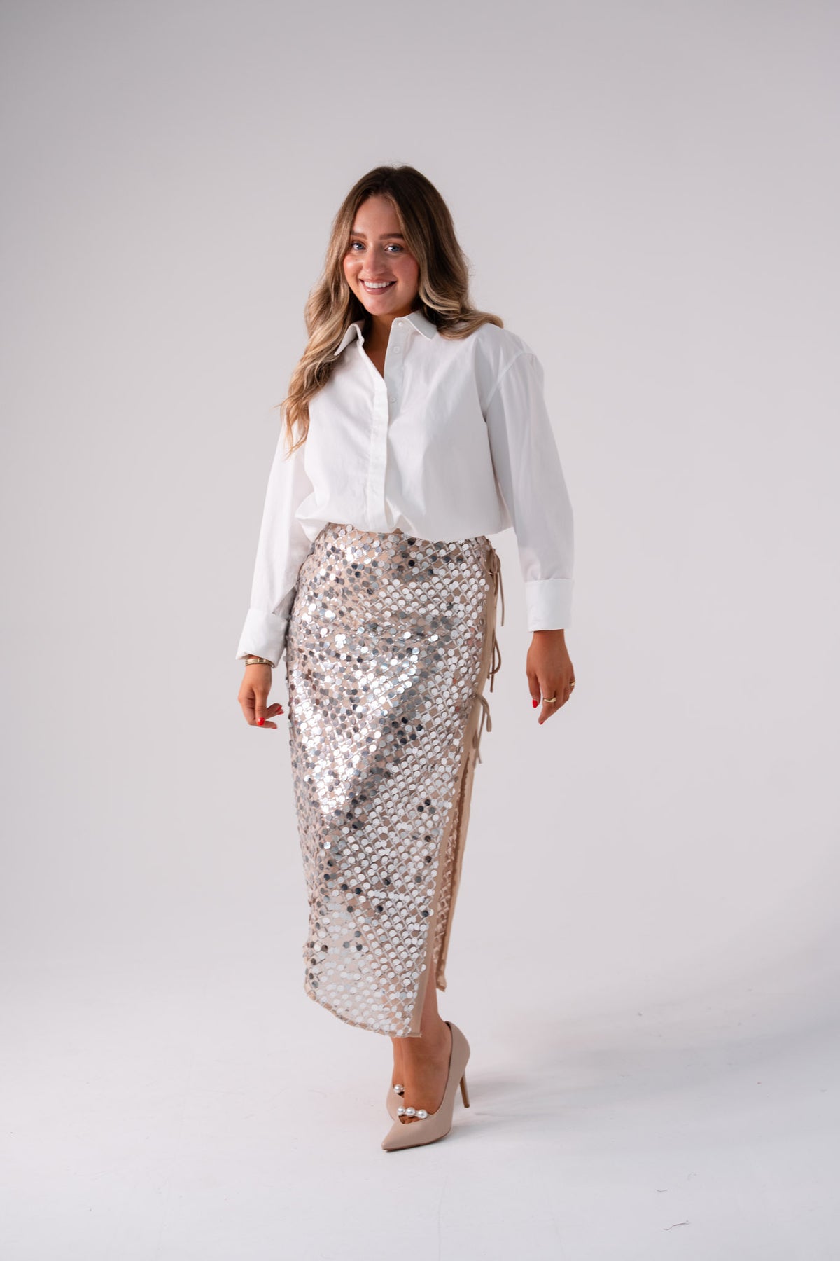 Iris Sequin Midi Skirt In Neutral