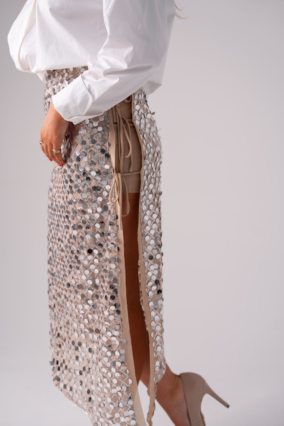 Iris Sequin Midi Skirt In Neutral