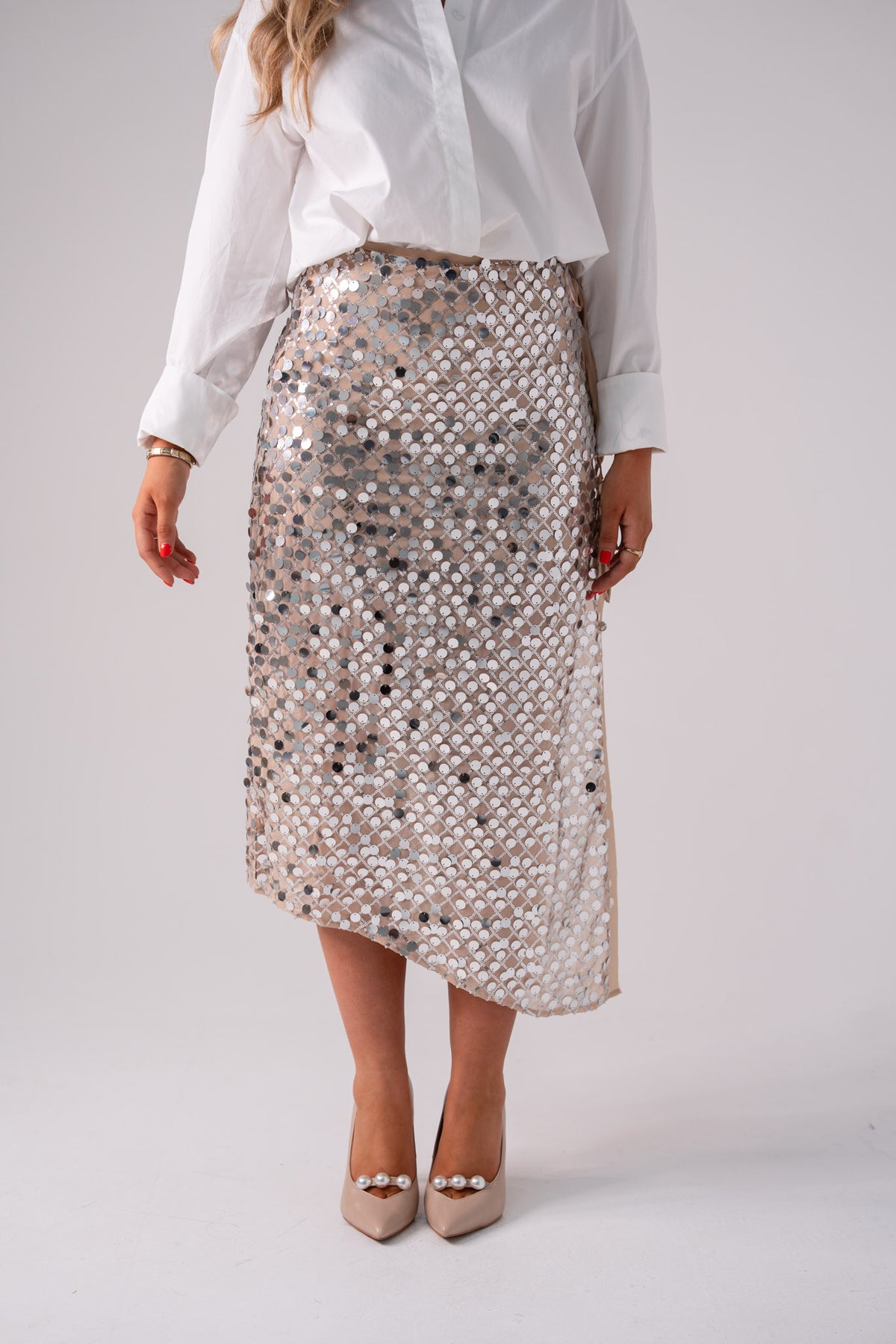 Iris Sequin Midi Skirt In Neutral