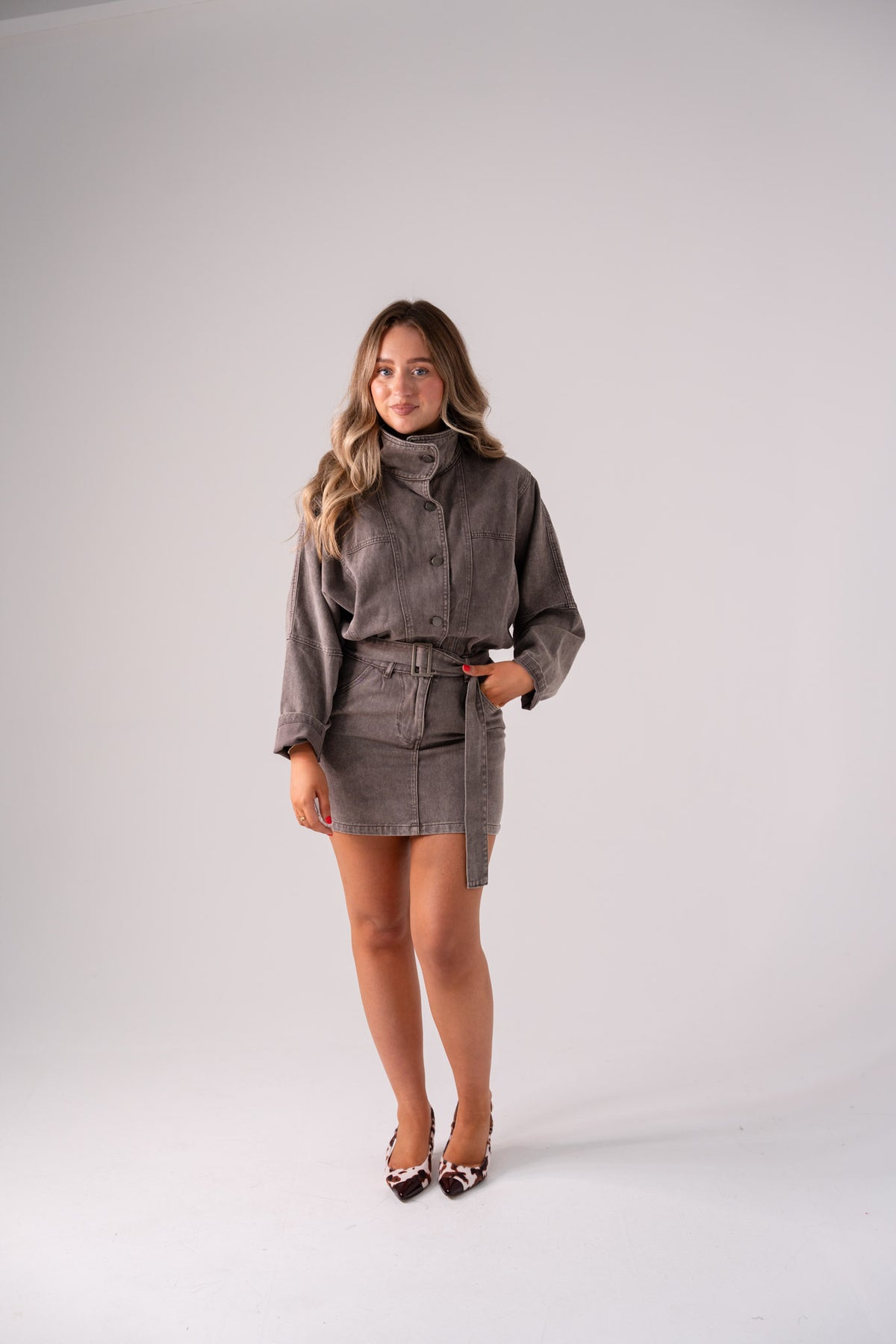 Cora Funnel Neck Denim Dress In Chocolate