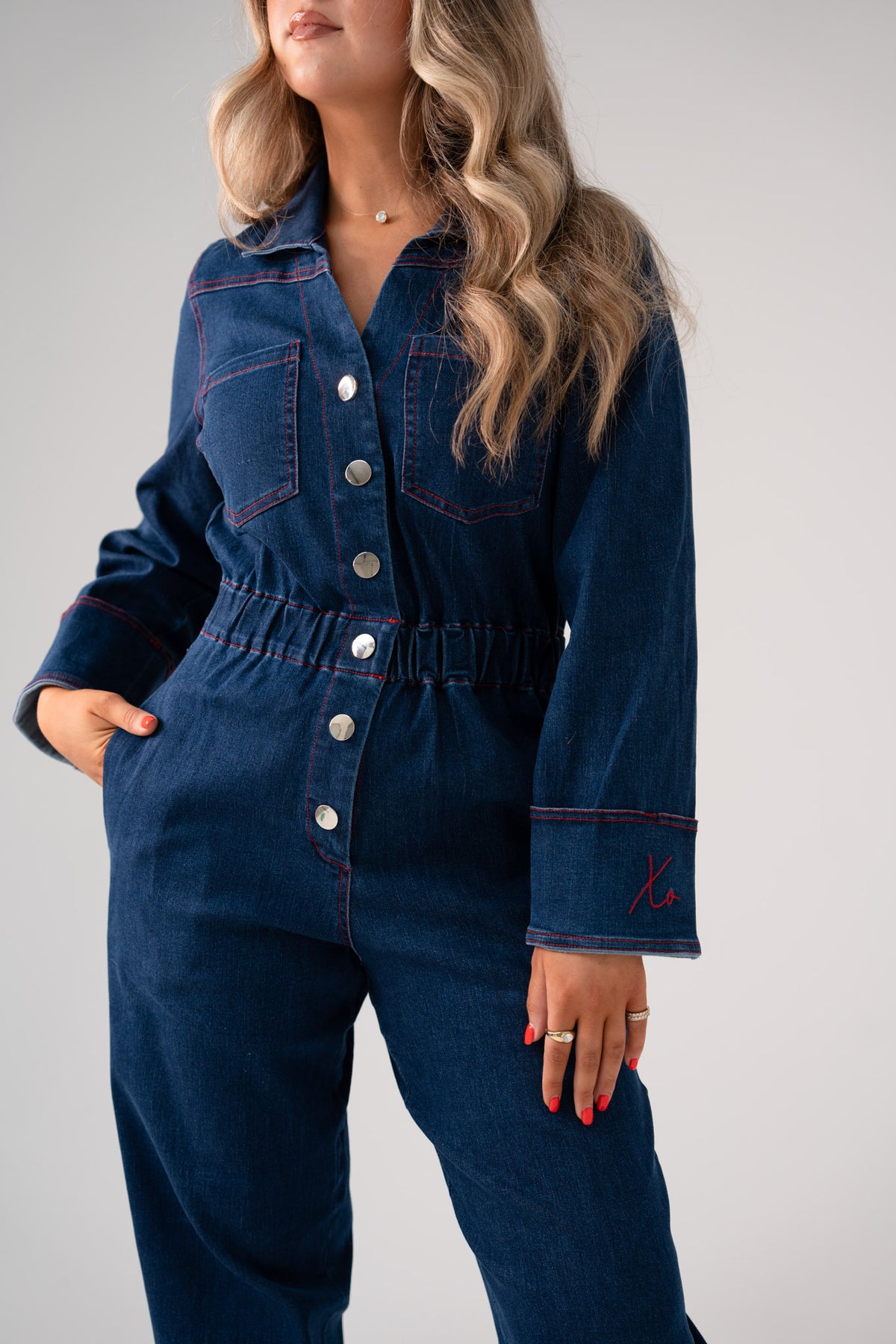 Love Laura Denim Jumpsuit In Dark Wash