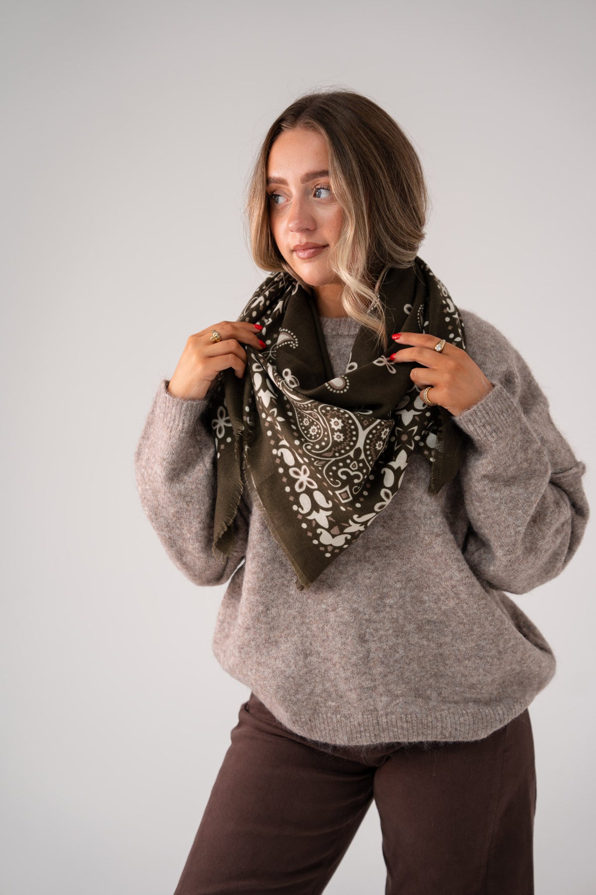 Kendra Printed Scarf In Khaki