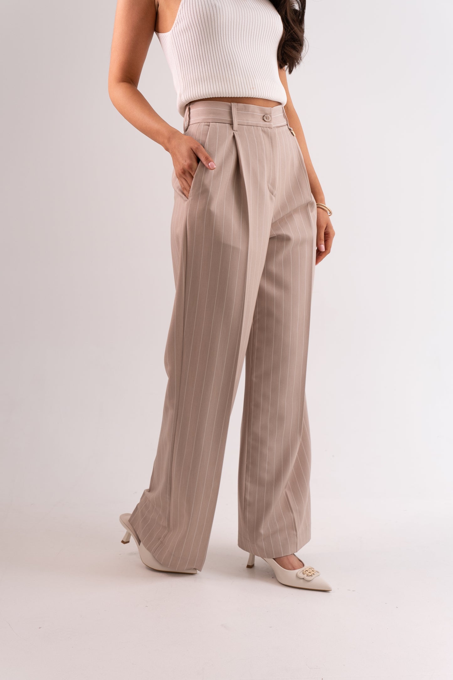 Faye Pinstripe Trousers In Sand