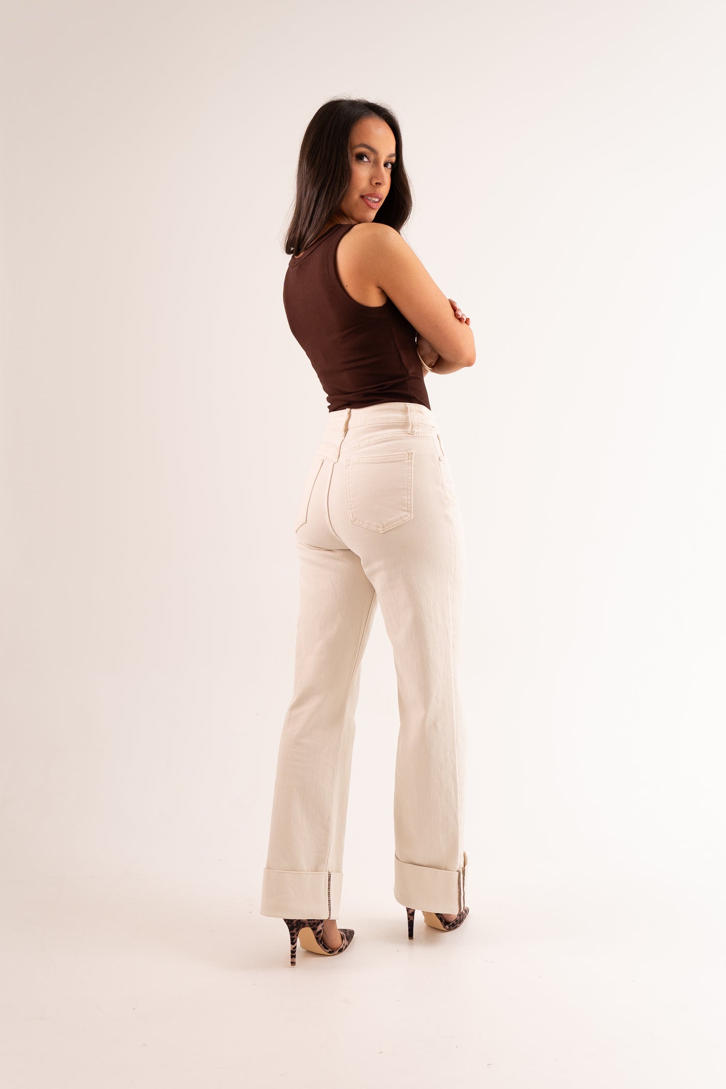Love Laura Chocolate Trim Turn Up Jeans In Cream