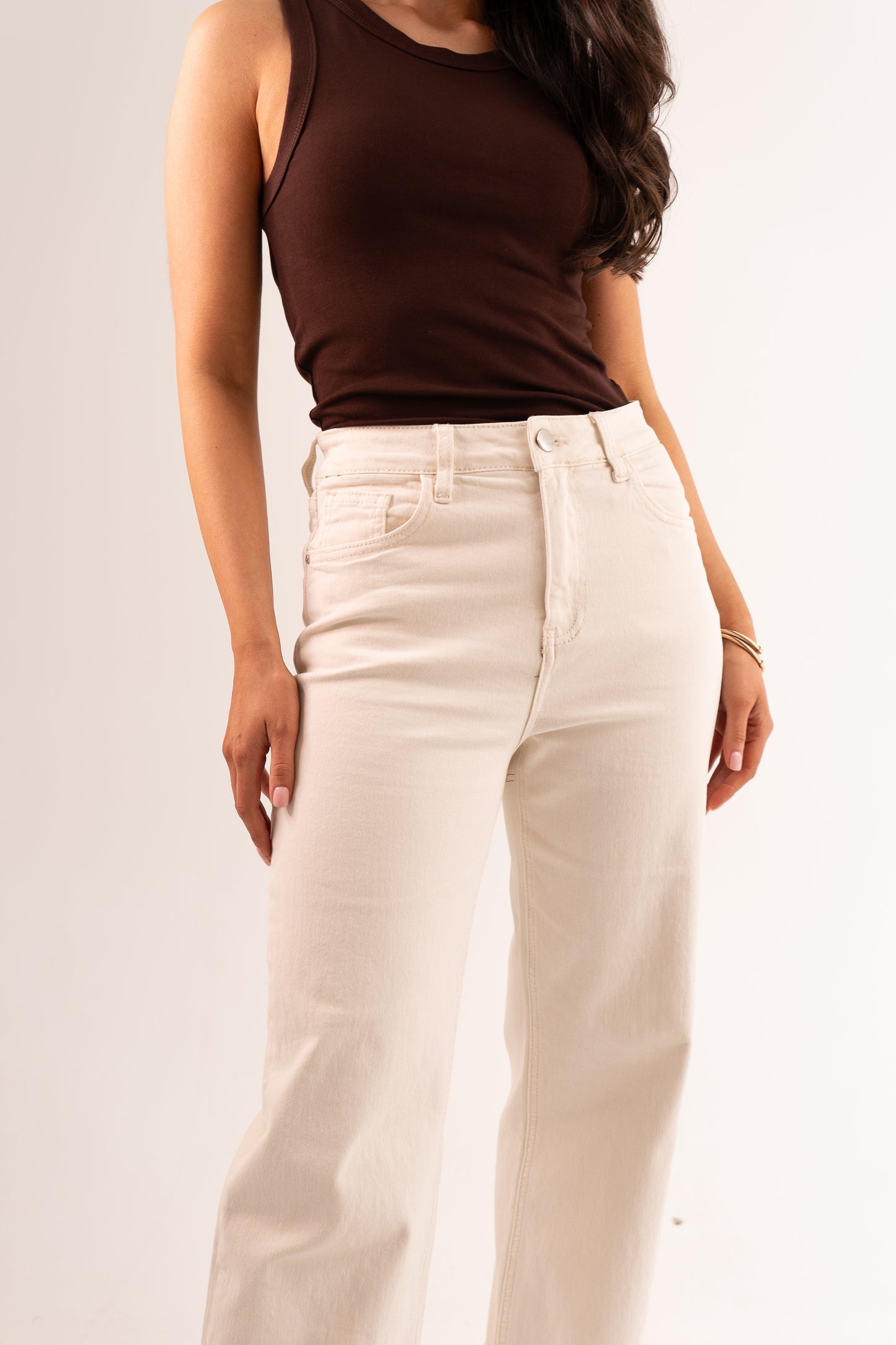 Love Laura Chocolate Trim Turn Up Jeans In Cream