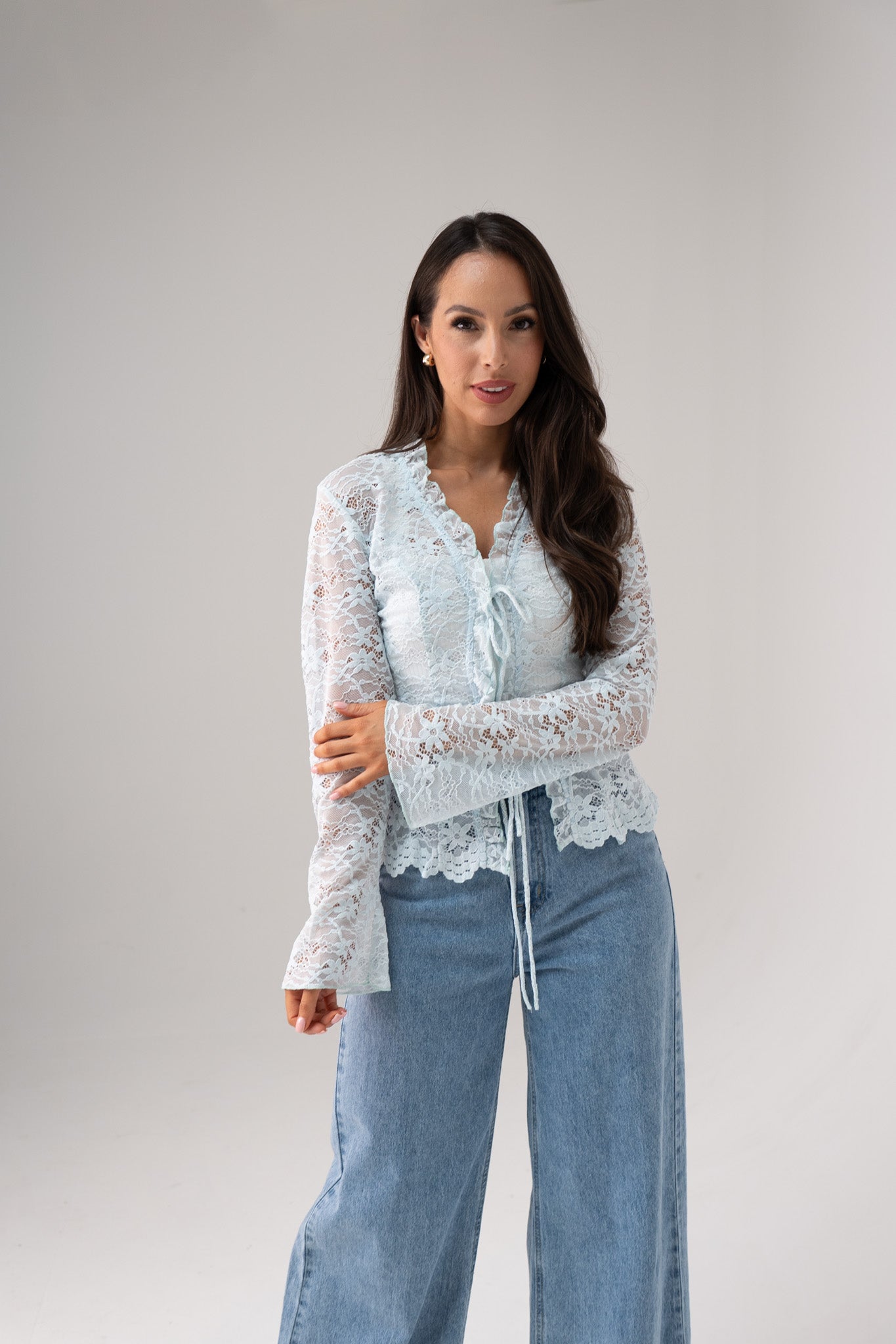 Polly Tie Front Lace Blouse In Blue
