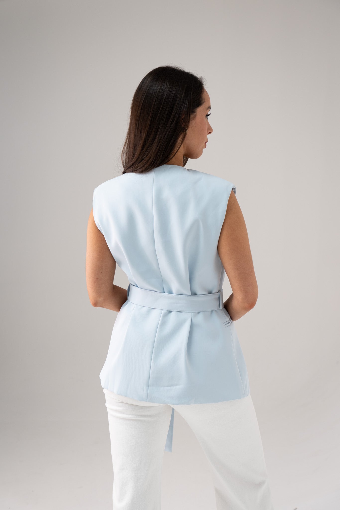 Polly Tie Waist Sleeveless Blazer In Blue