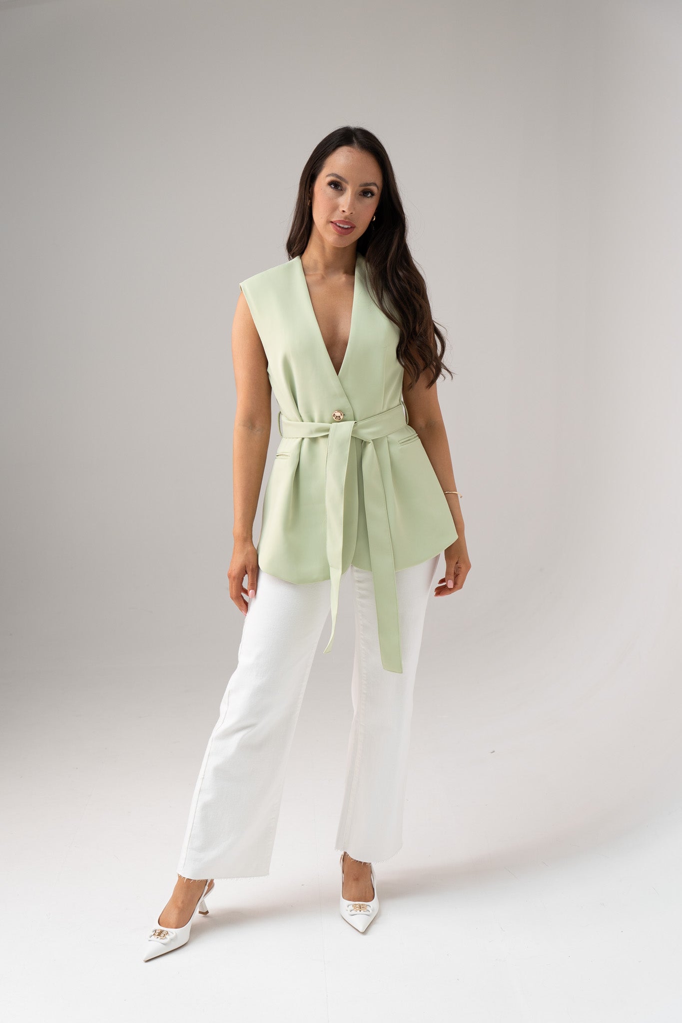 Polly Tie Waist Sleeveless Blazer In Green