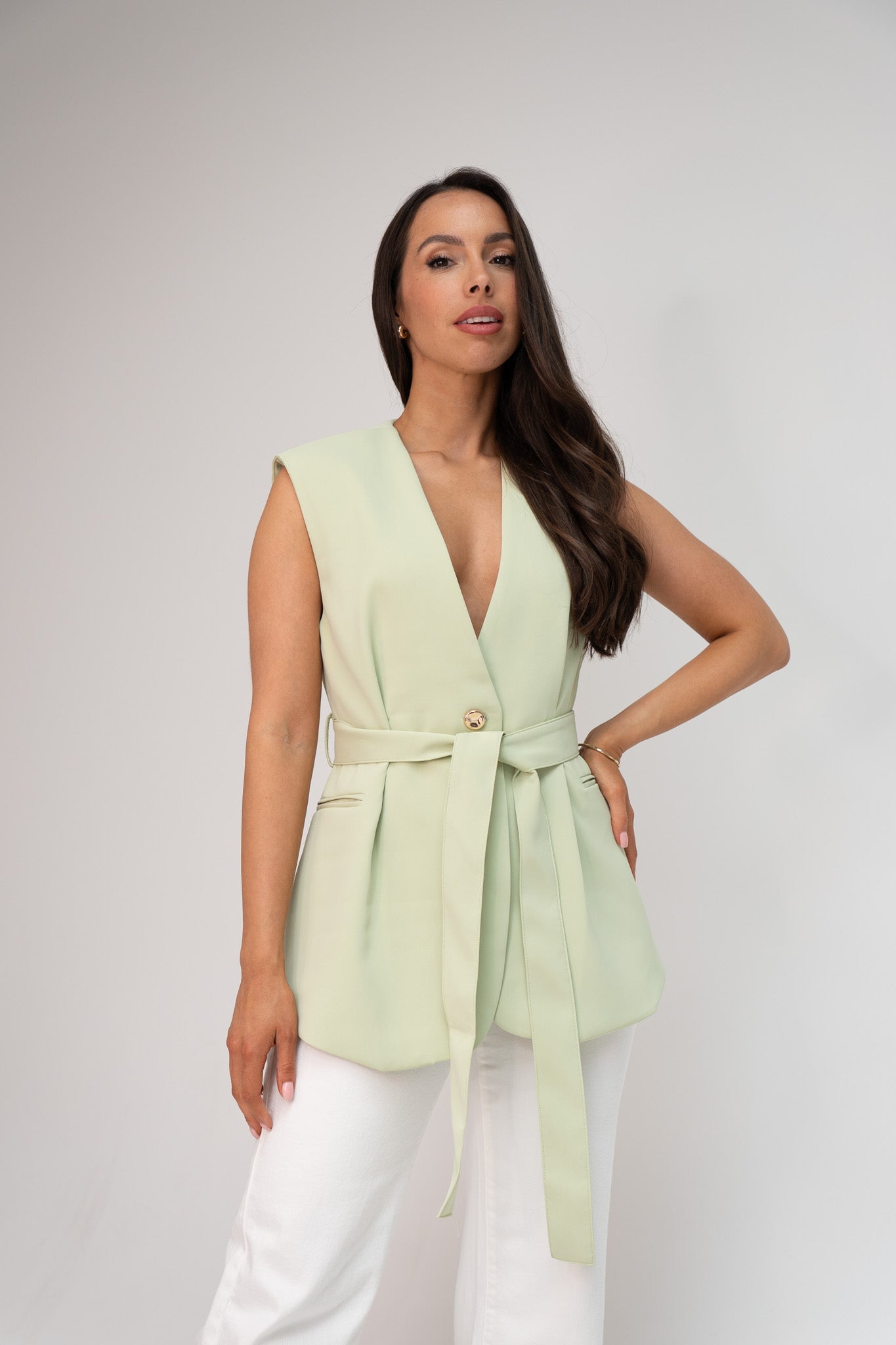 Polly Tie Waist Sleeveless Blazer In Green