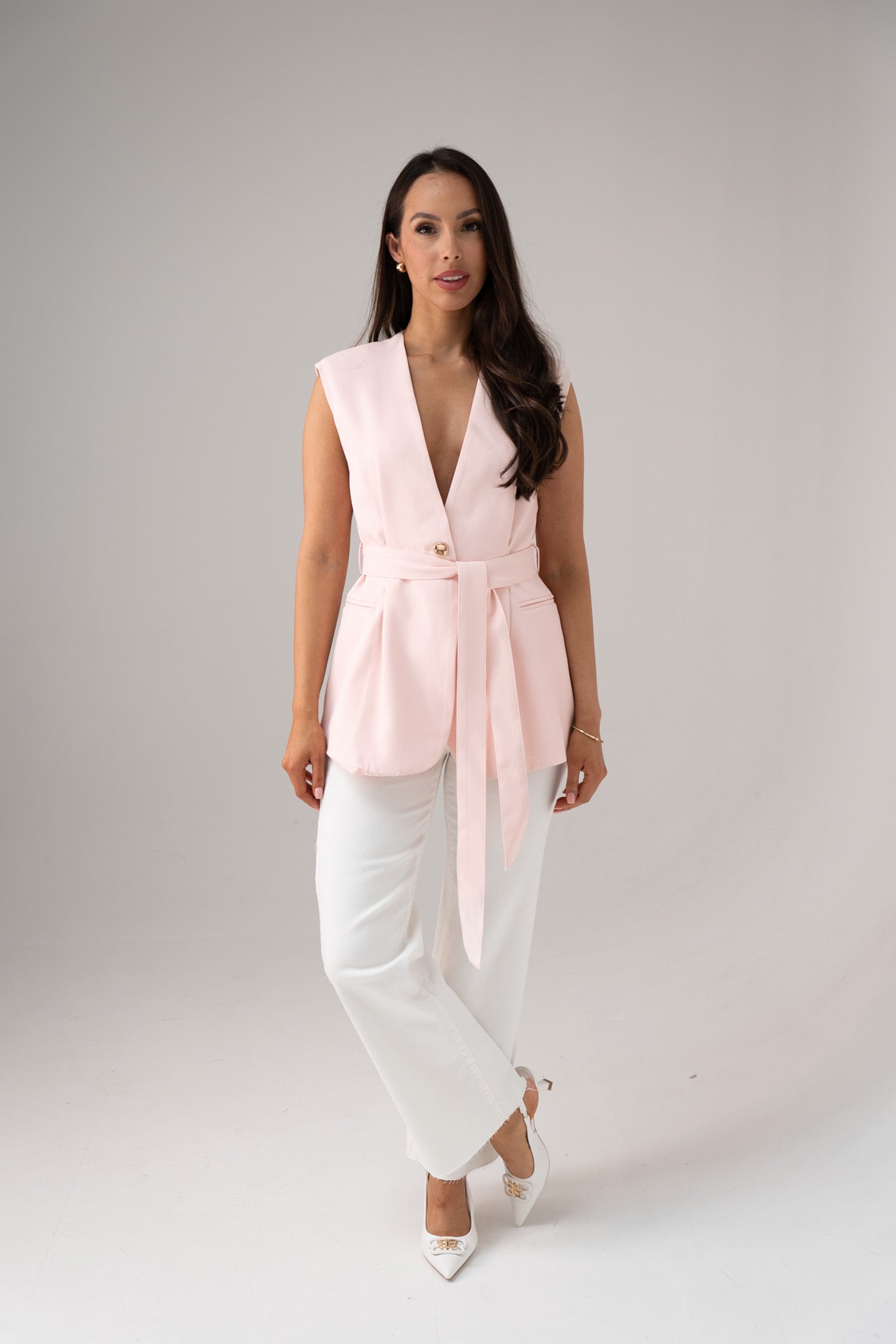 Polly Tie Waist Sleeveless Blazer In Pink