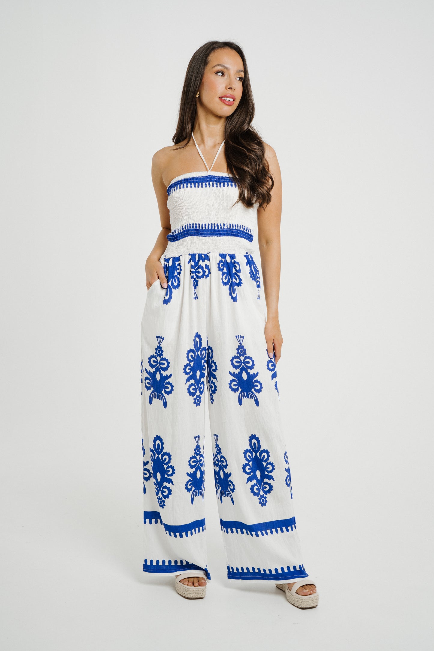 Polly Strapless Jumpsuit In Blue Print