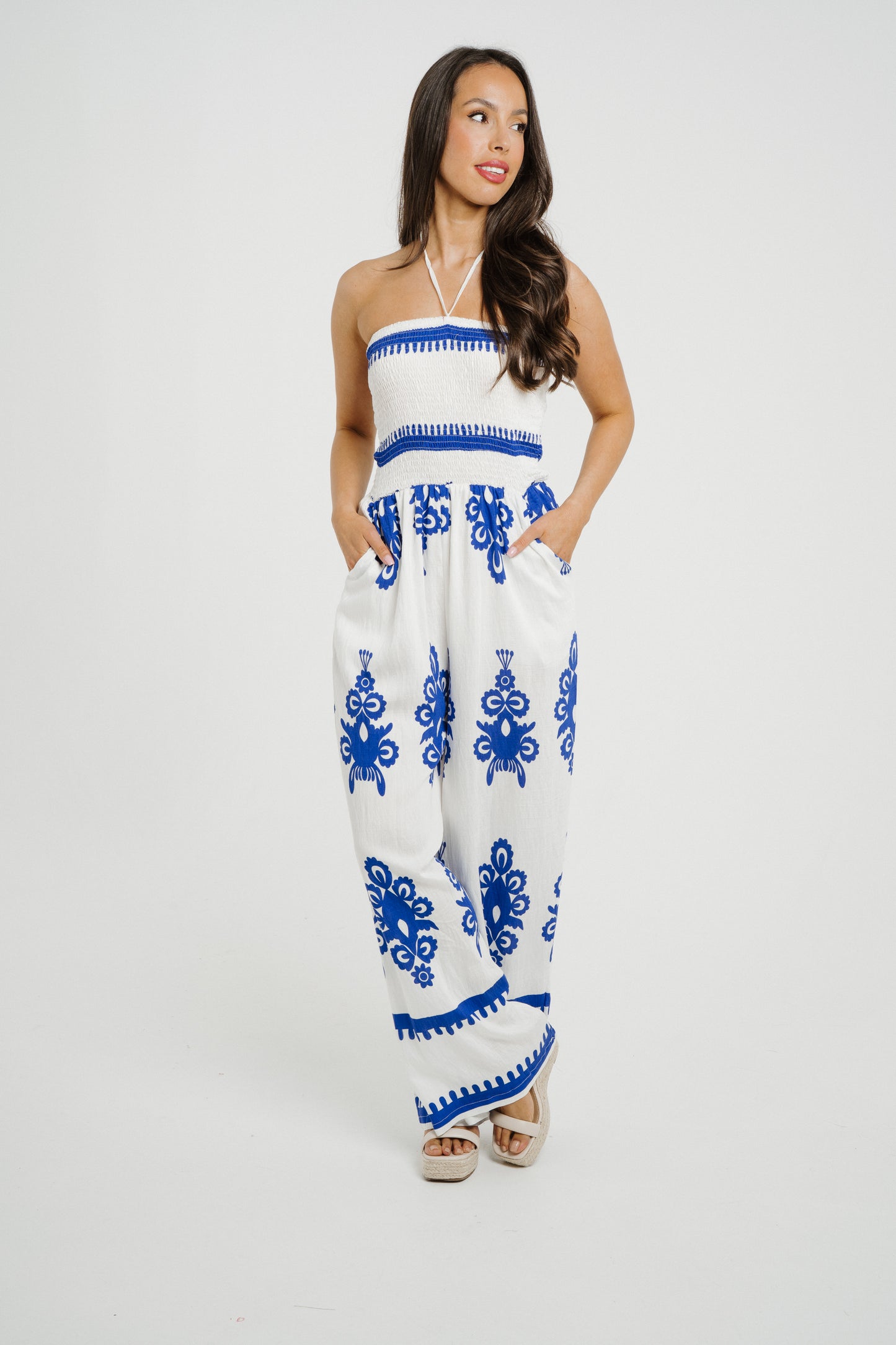 Polly Strapless Jumpsuit In Blue Print