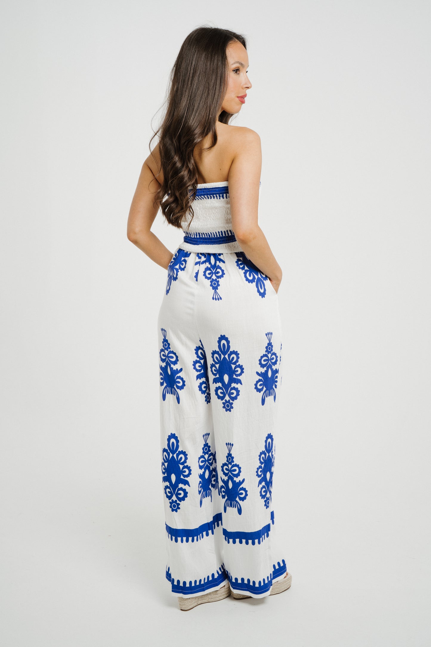 Polly Strapless Jumpsuit In Blue Print