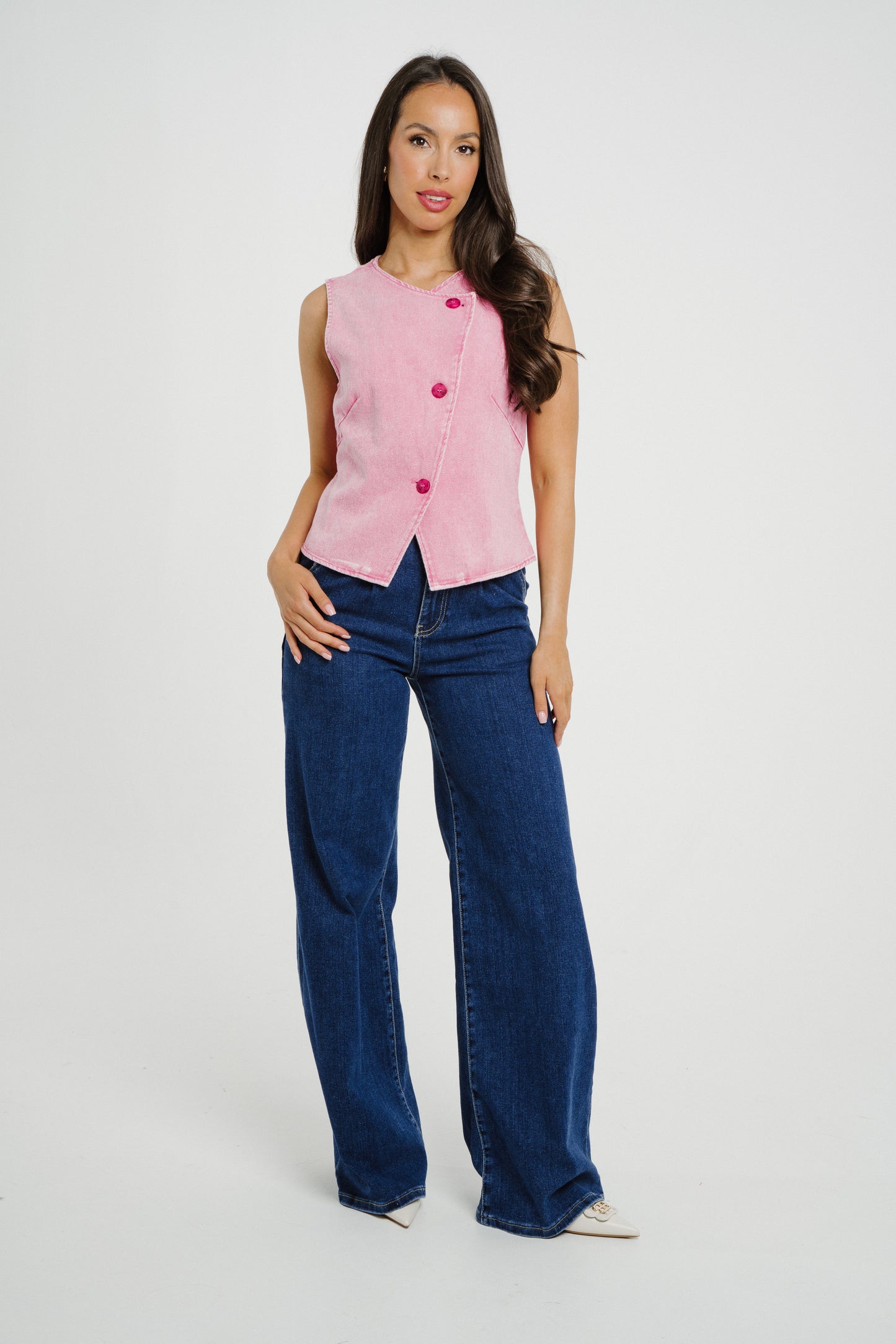 Kendra Asymmetric Denim Waistcoat In Fuchsia