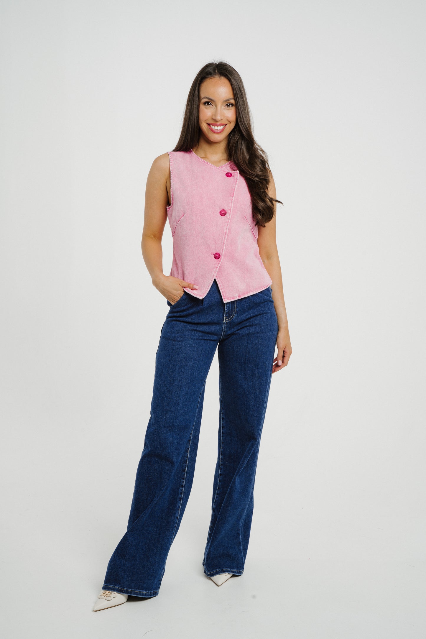 Kendra Asymmetric Denim Waistcoat In Fuchsia
