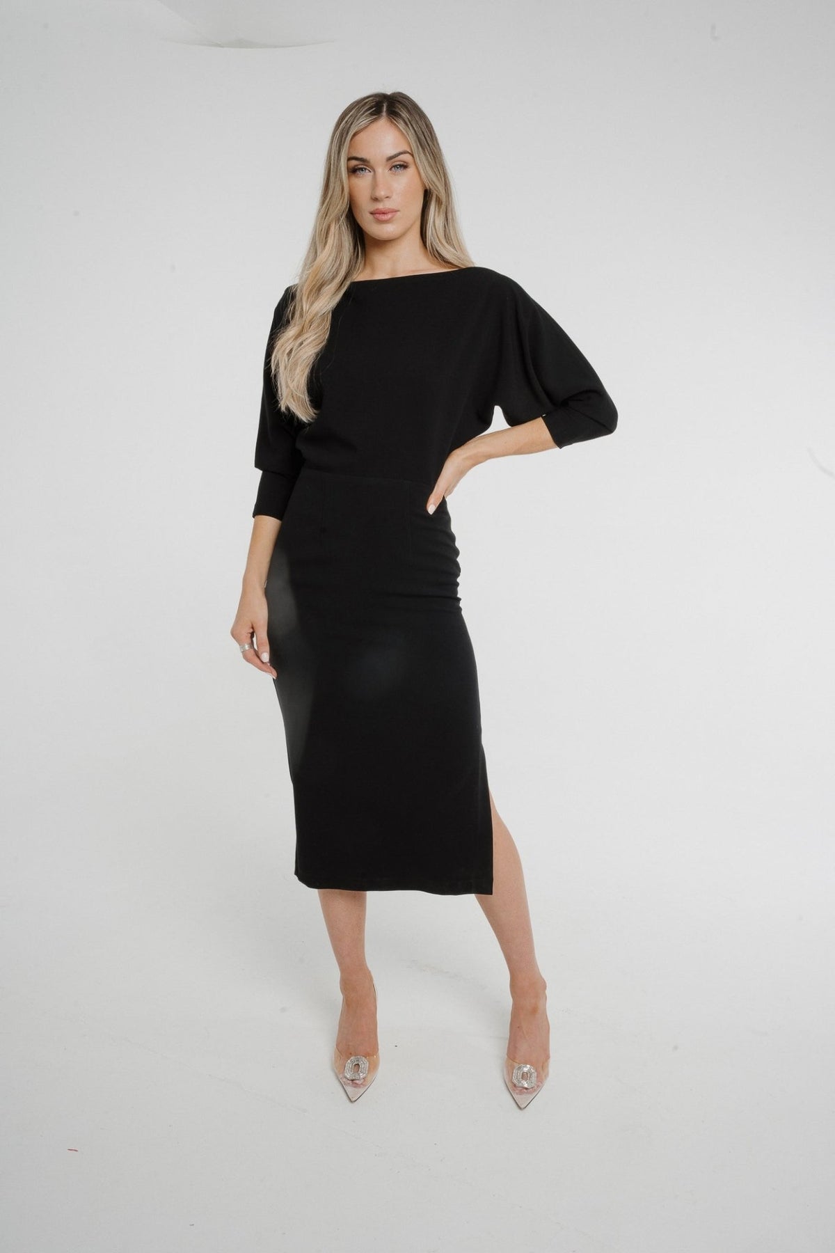 Alana Off Shoulder Midi Dress In Black - The Walk in Wardrobe