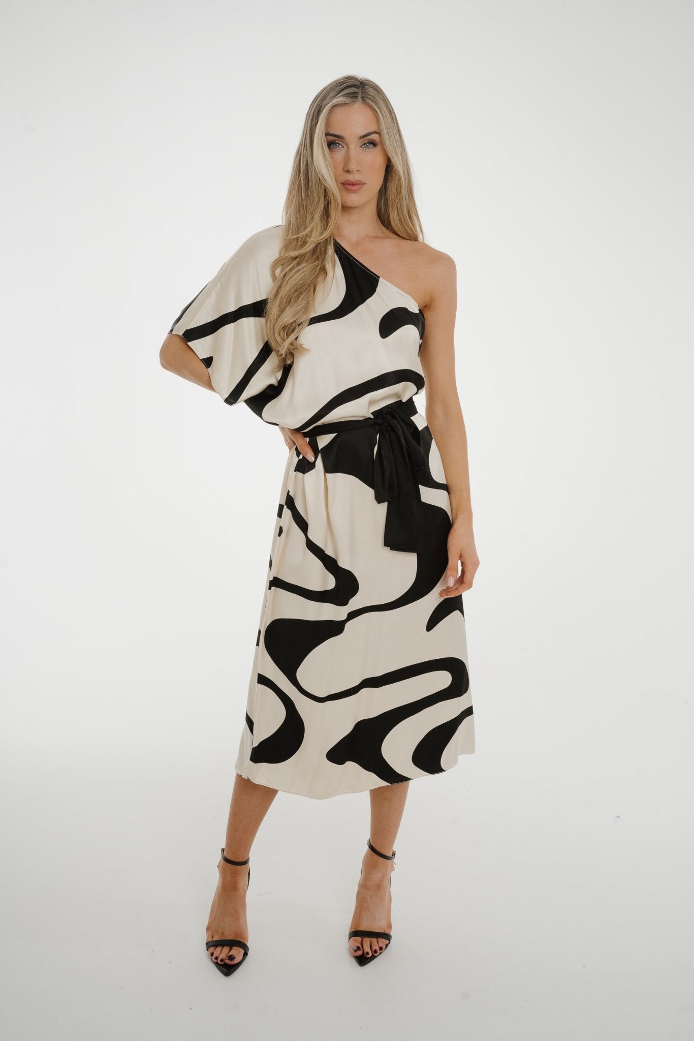 Alana One Shoulder Dress In Monochrome Print - The Walk in Wardrobe