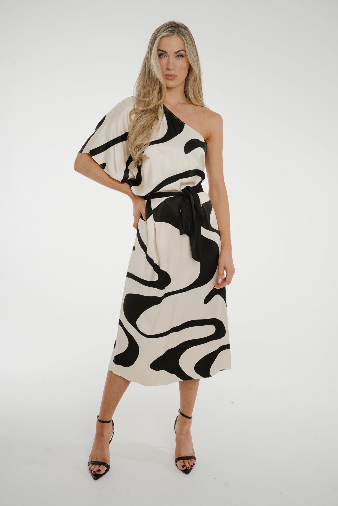 Alana One Shoulder Dress In Monochrome Print - The Walk in Wardrobe