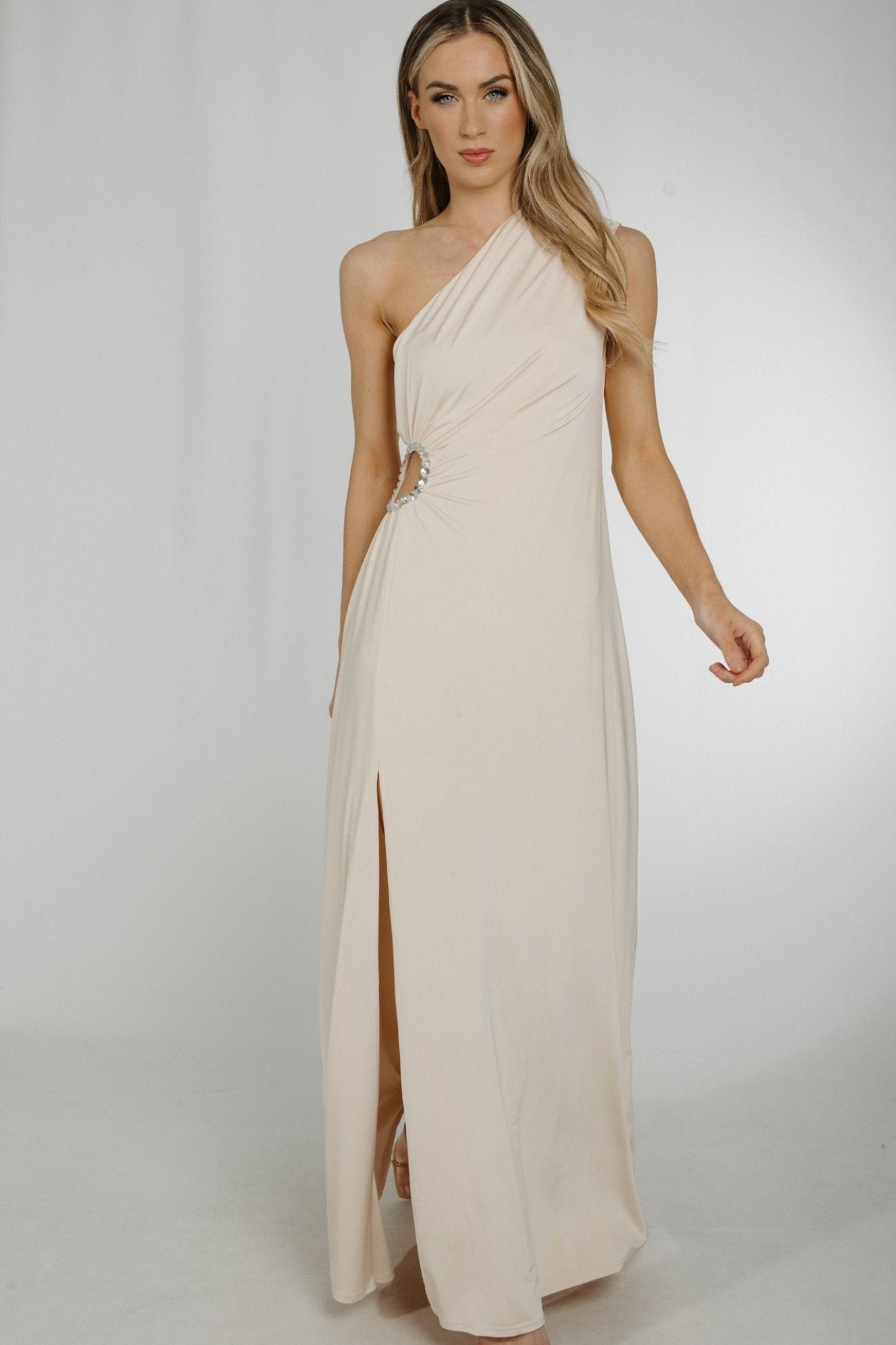 Alana One Shoulder Ruched Dress In Cream - The Walk in Wardrobe
