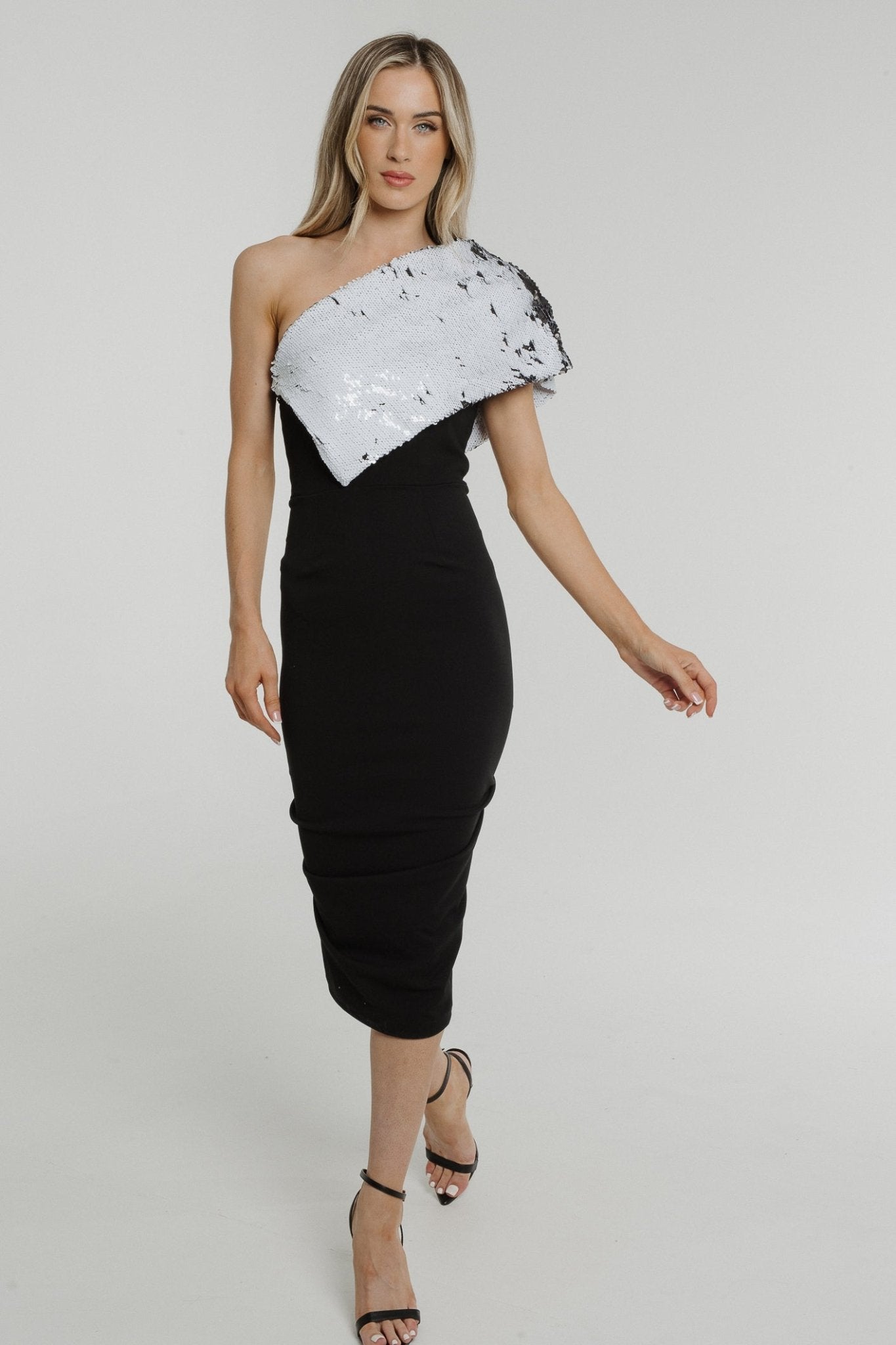 Alexandra One Shoulder Sequin Dress In Monochrome - The Walk in Wardrobe