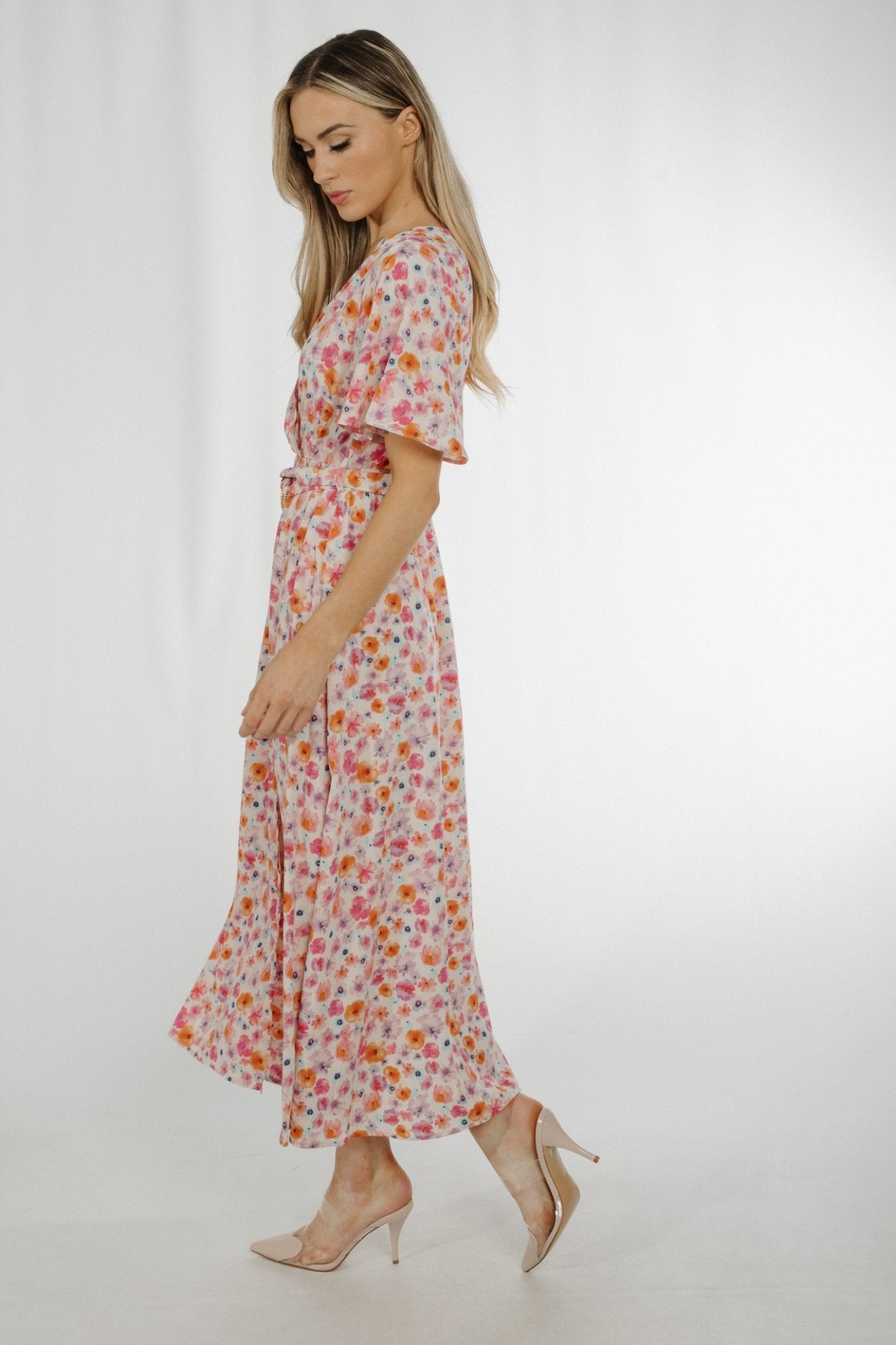 Ally V-Neck Floral Mid Dress In Pastel Mix - The Walk in Wardrobe