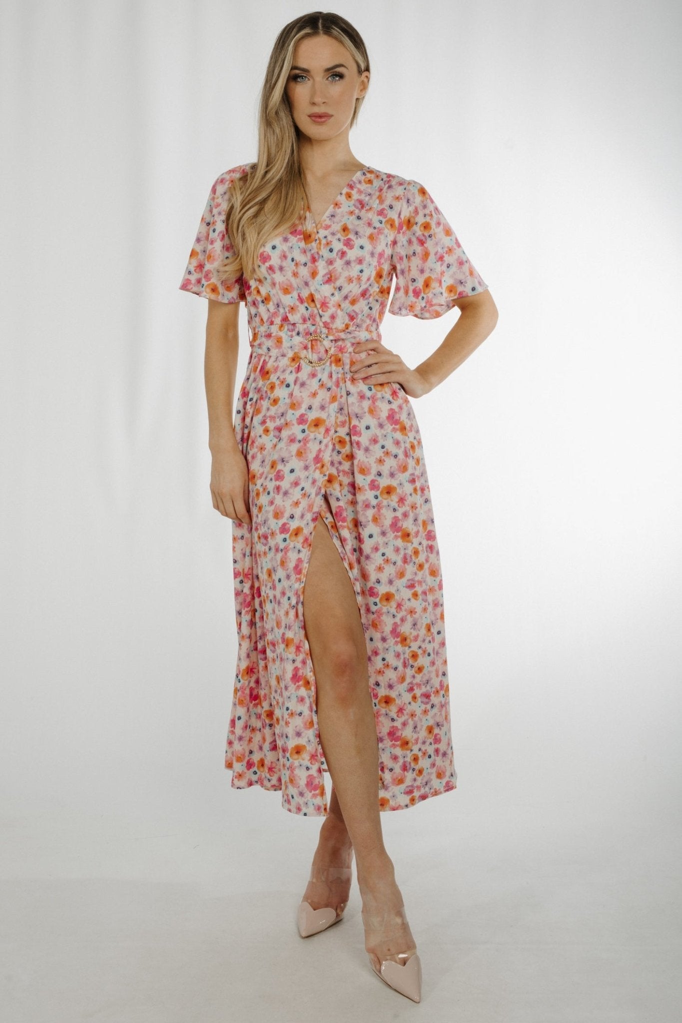 Ally V-Neck Floral Mid Dress In Pastel Mix - The Walk in Wardrobe