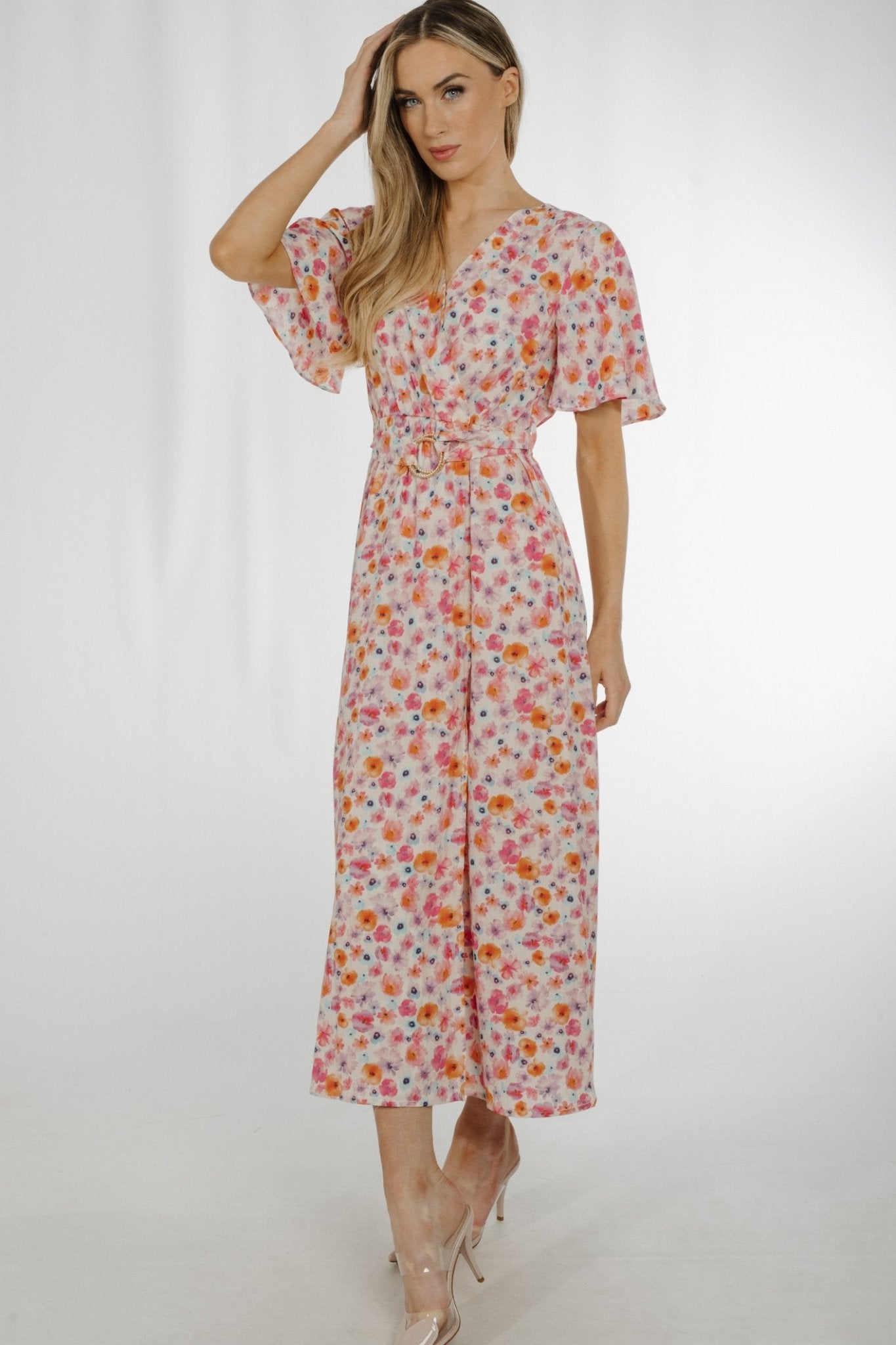 Ally V-Neck Floral Mid Dress In Pastel Mix - The Walk in Wardrobe