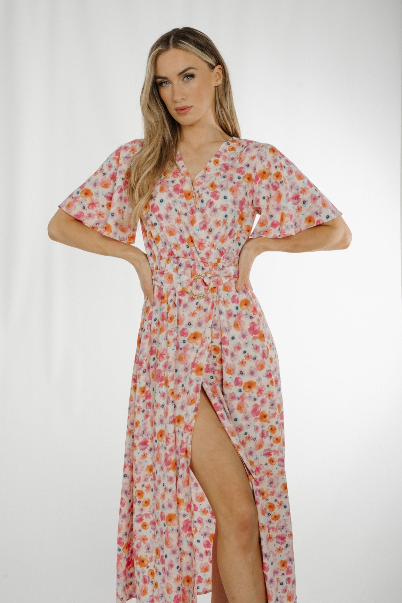 Ally V-Neck Floral Mid Dress In Pastel Mix - The Walk in Wardrobe