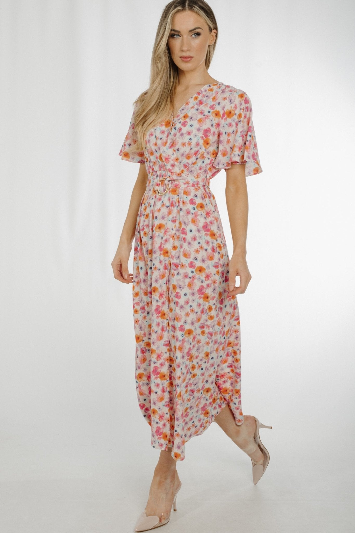 Ally V-Neck Floral Mid Dress In Pastel Mix - The Walk in Wardrobe