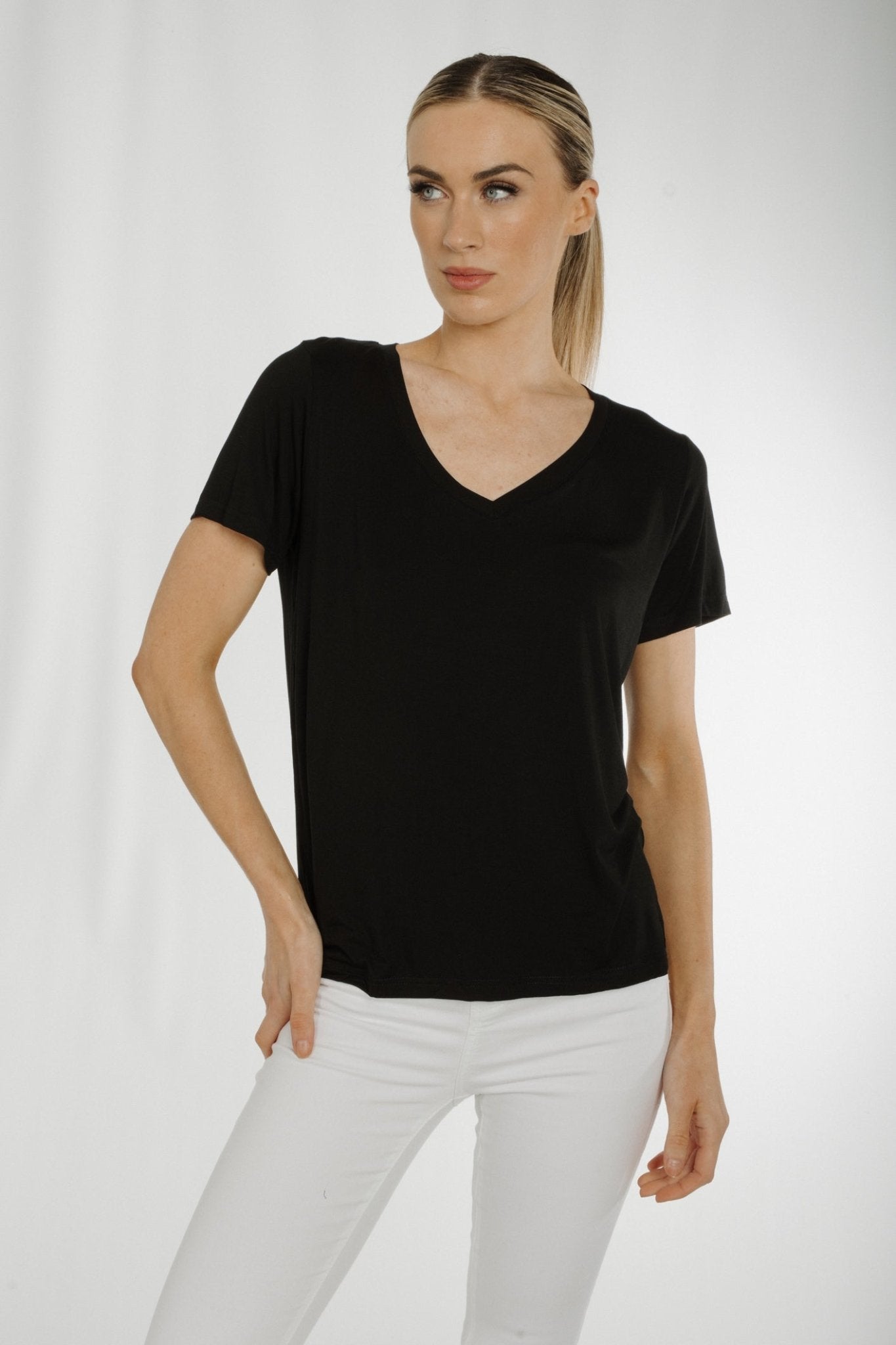 Ally V-Neck T-Shirt In Black - The Walk in Wardrobe