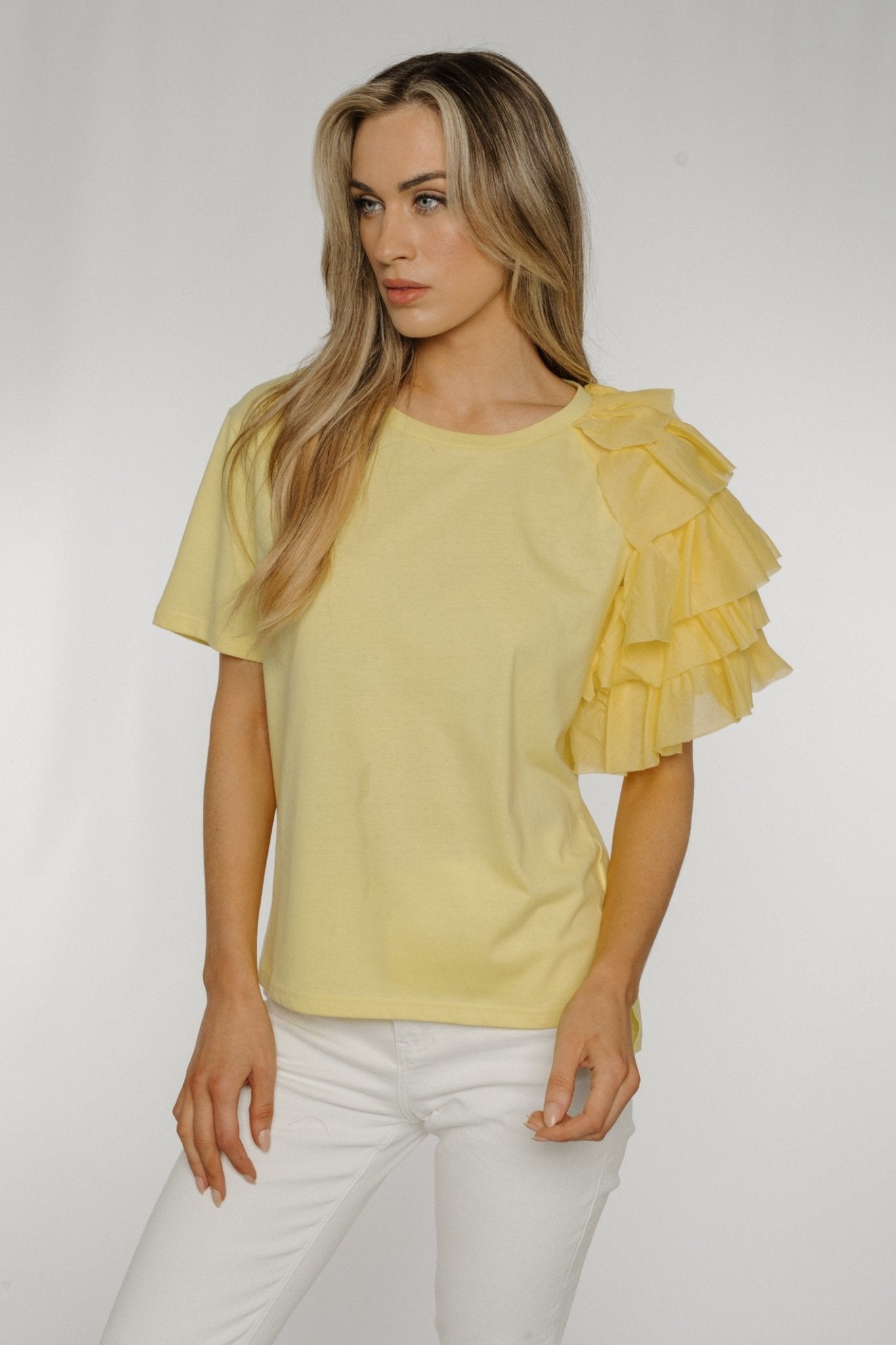 Becca Frill Shoulder T-shirt In Yellow - The Walk in Wardrobe