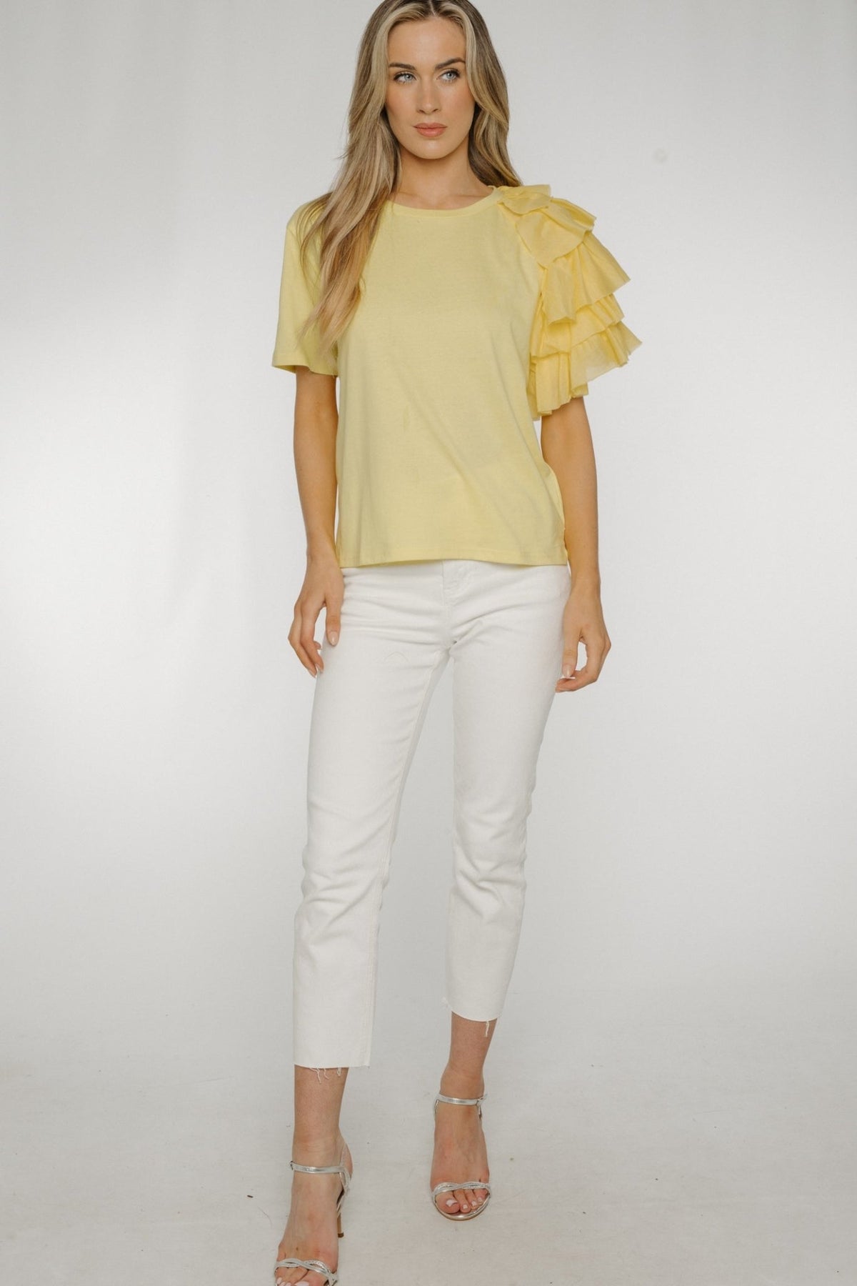 Becca Frill Shoulder T-shirt In Yellow - The Walk in Wardrobe