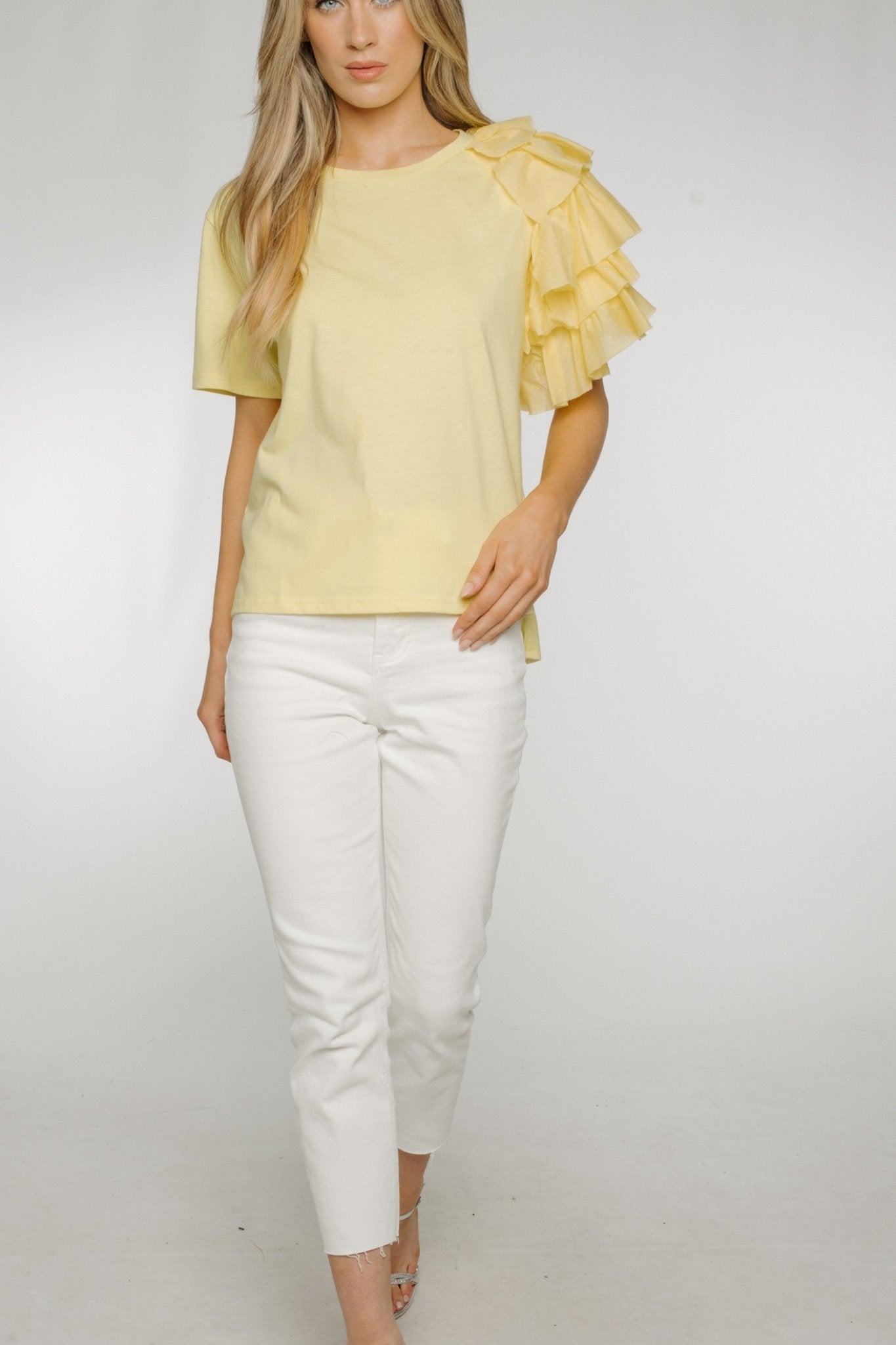 Becca Frill Shoulder T-shirt In Yellow - The Walk in Wardrobe