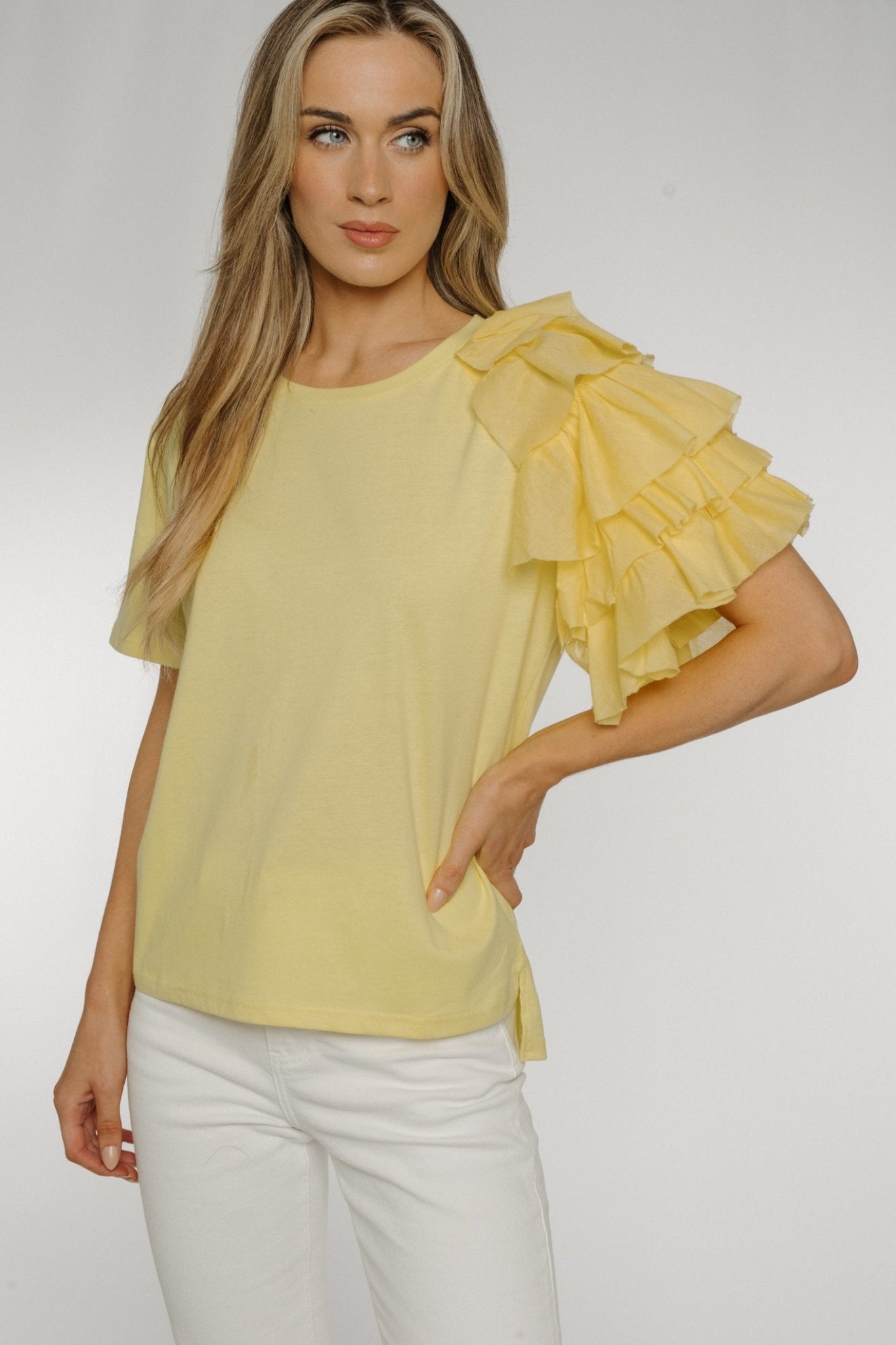 Becca Frill Shoulder T-shirt In Yellow - The Walk in Wardrobe