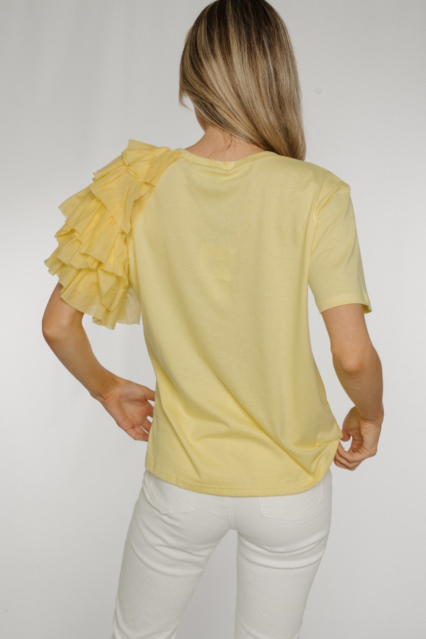 Becca Frill Shoulder T-shirt In Yellow - The Walk in Wardrobe