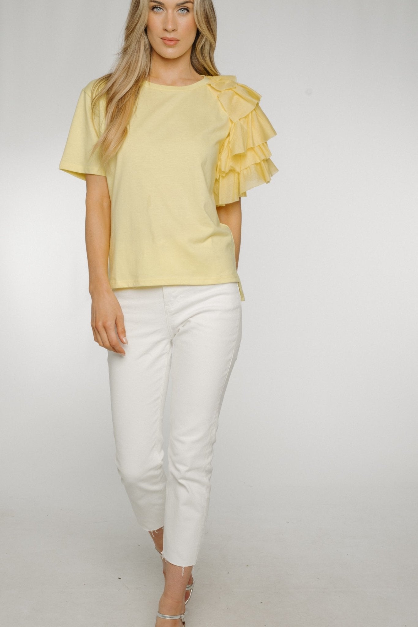 Becca Frill Shoulder T-shirt In Yellow - The Walk in Wardrobe