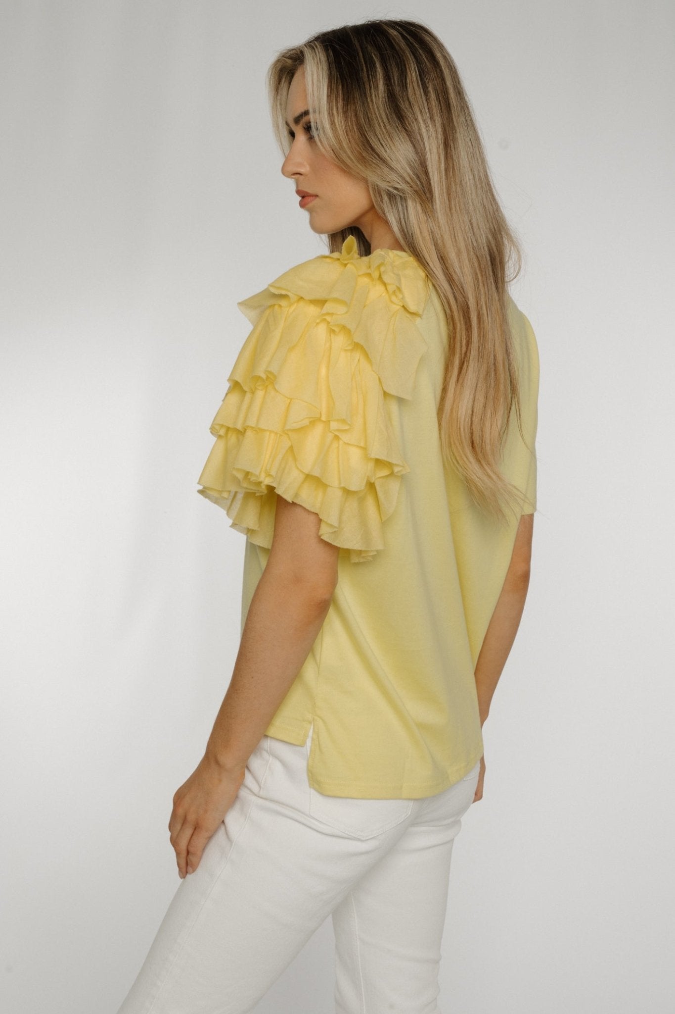 Becca Frill Shoulder T-shirt In Yellow - The Walk in Wardrobe