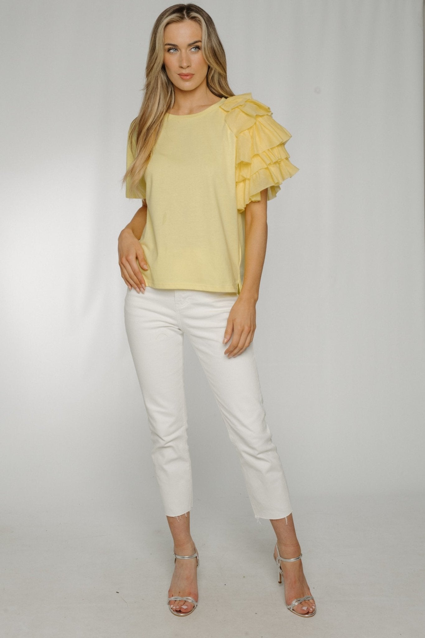Becca Frill Shoulder T-shirt In Yellow - The Walk in Wardrobe