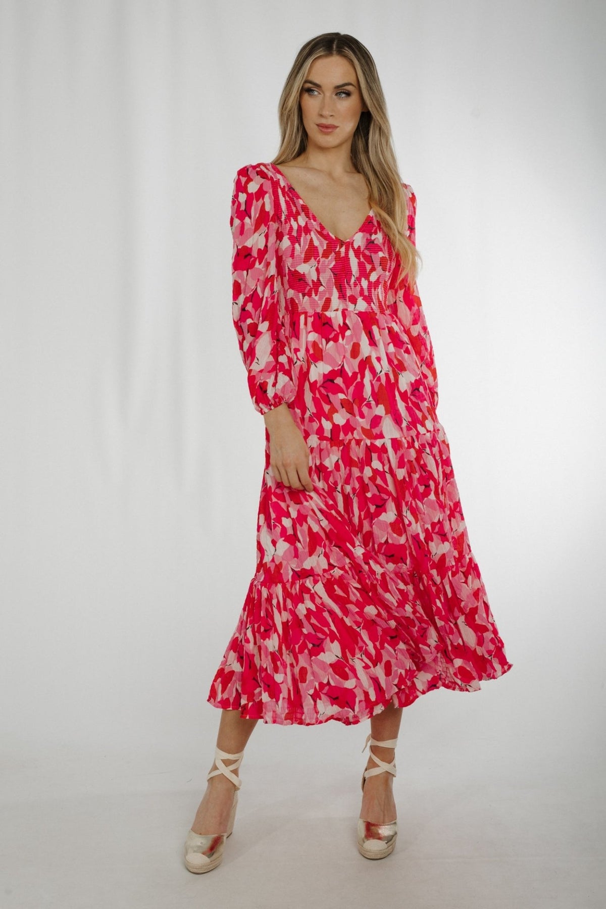 Becca Tiered Midi Dress In Pink Multi - The Walk in Wardrobe