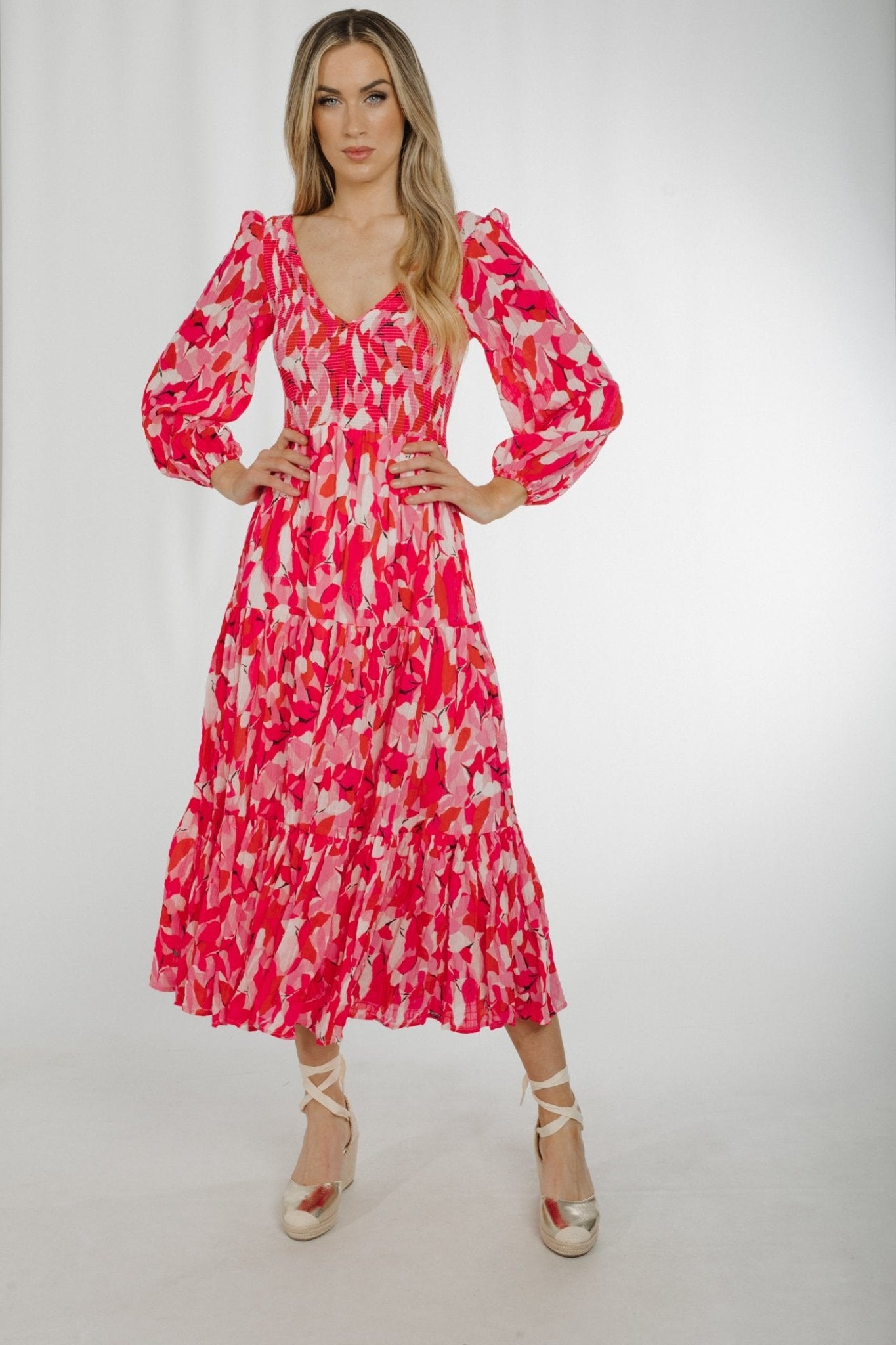 Becca Tiered Midi Dress In Pink Multi - The Walk in Wardrobe