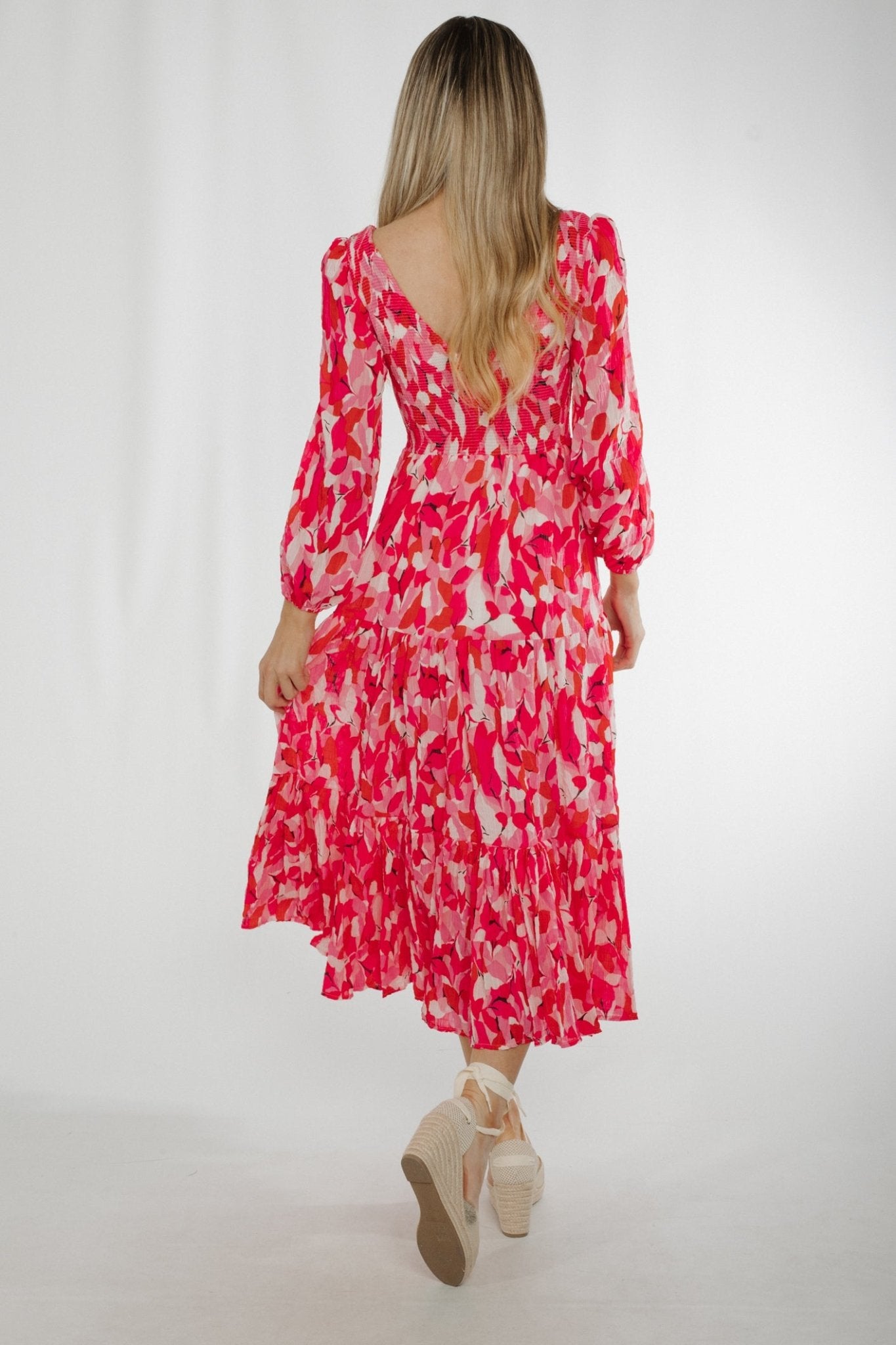Becca Tiered Midi Dress In Pink Multi - The Walk in Wardrobe